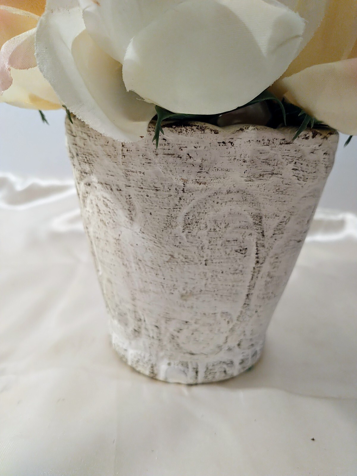 Roses Pottery Pot White & Pink Flowers Artificial Shabby Chic Decor 8″ x 7″