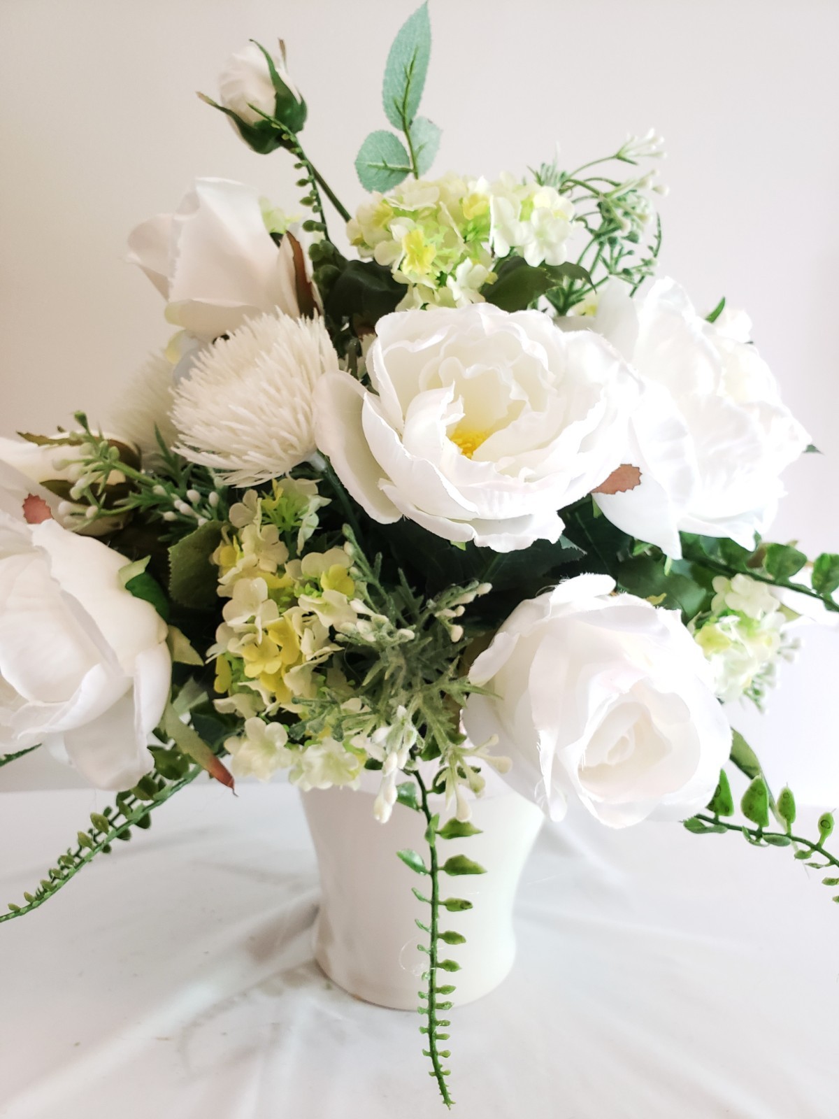 White Peony Rose Centerpiece, Neutral Floral Arrangement Faux Flower Table Decor