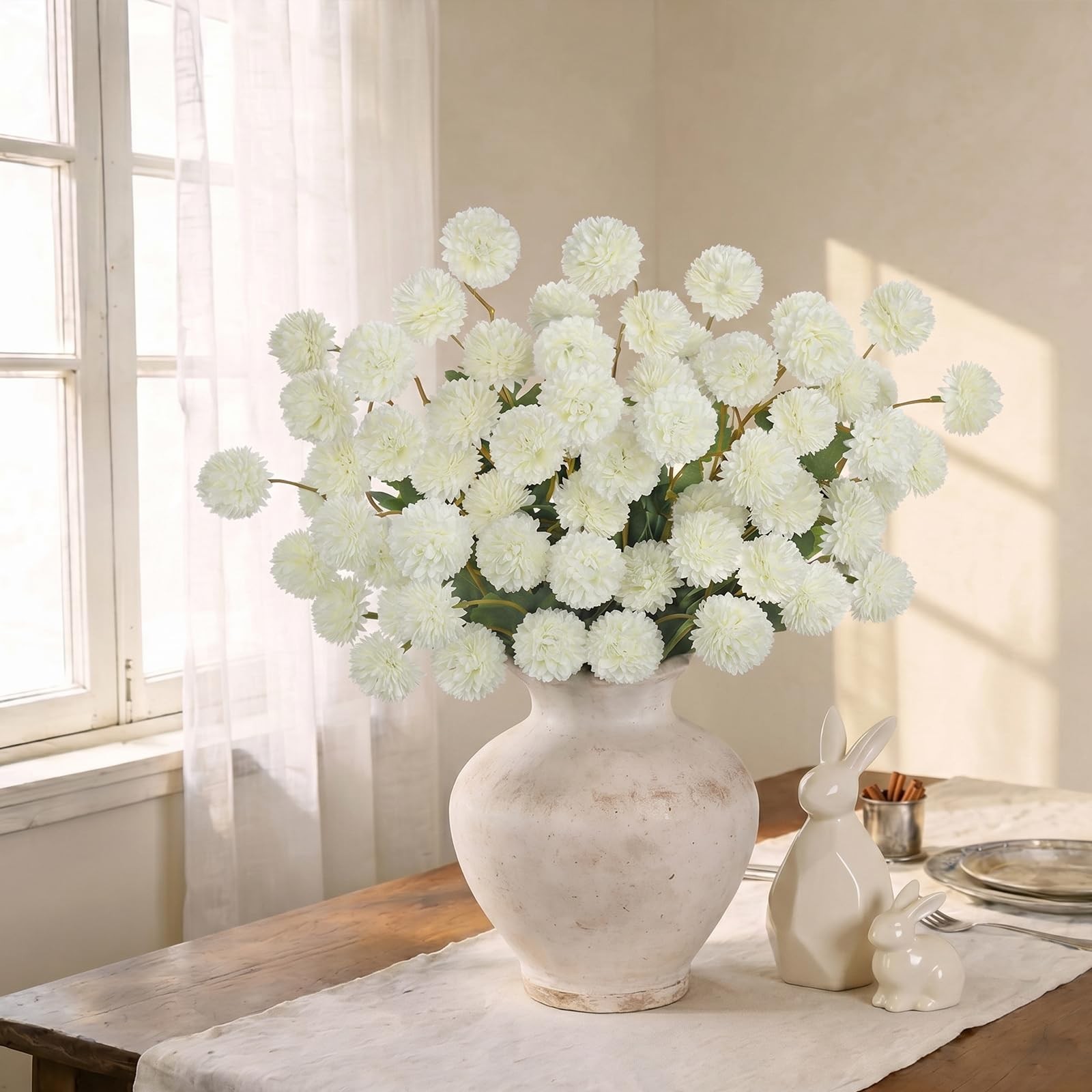 12pcs Artificial Kiku Mums Flowers, Fall White Faux Chrysanthemums