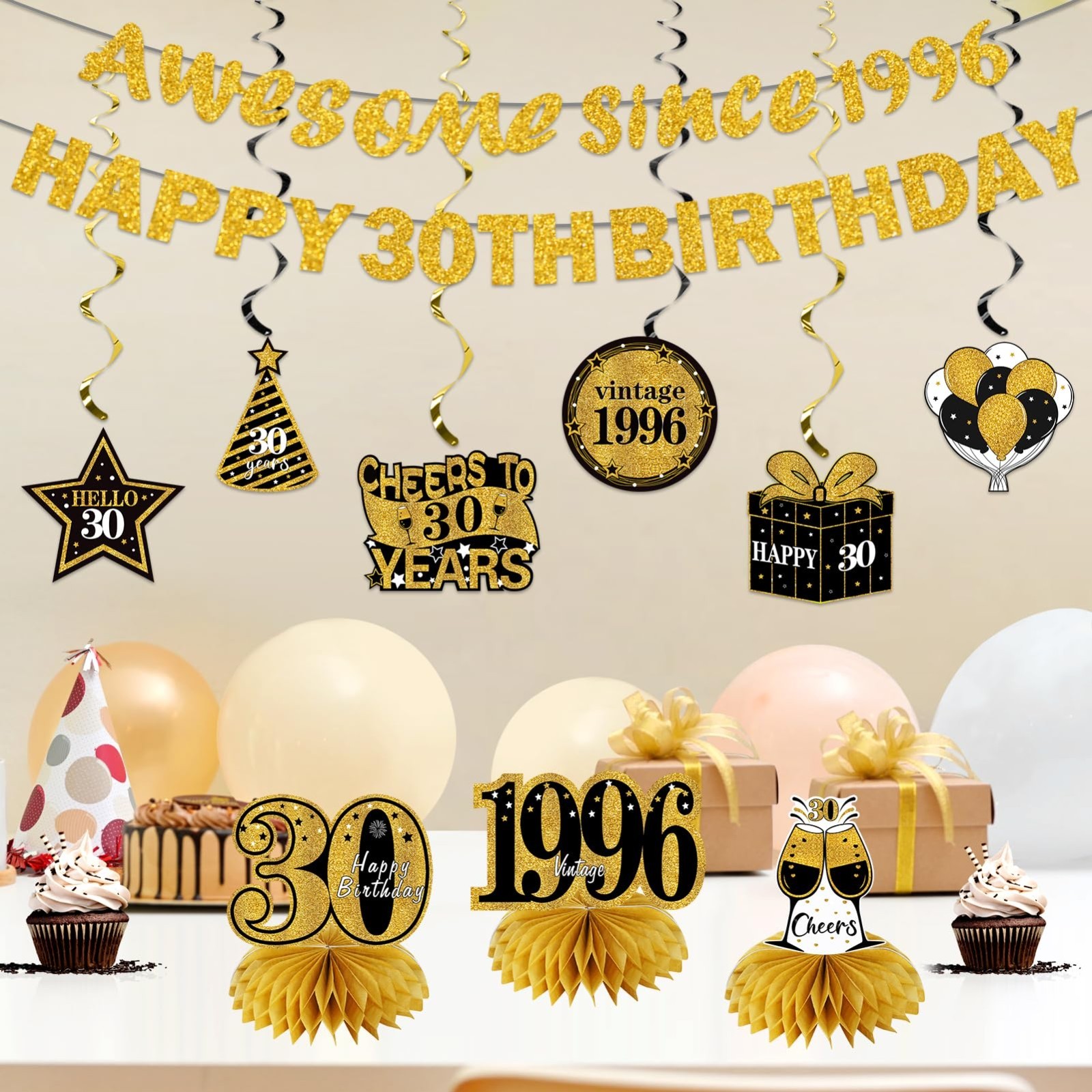 30th Birthday Decorations Kit – 11Pcs Black Gold Banner, Centerpieces & Swirls P