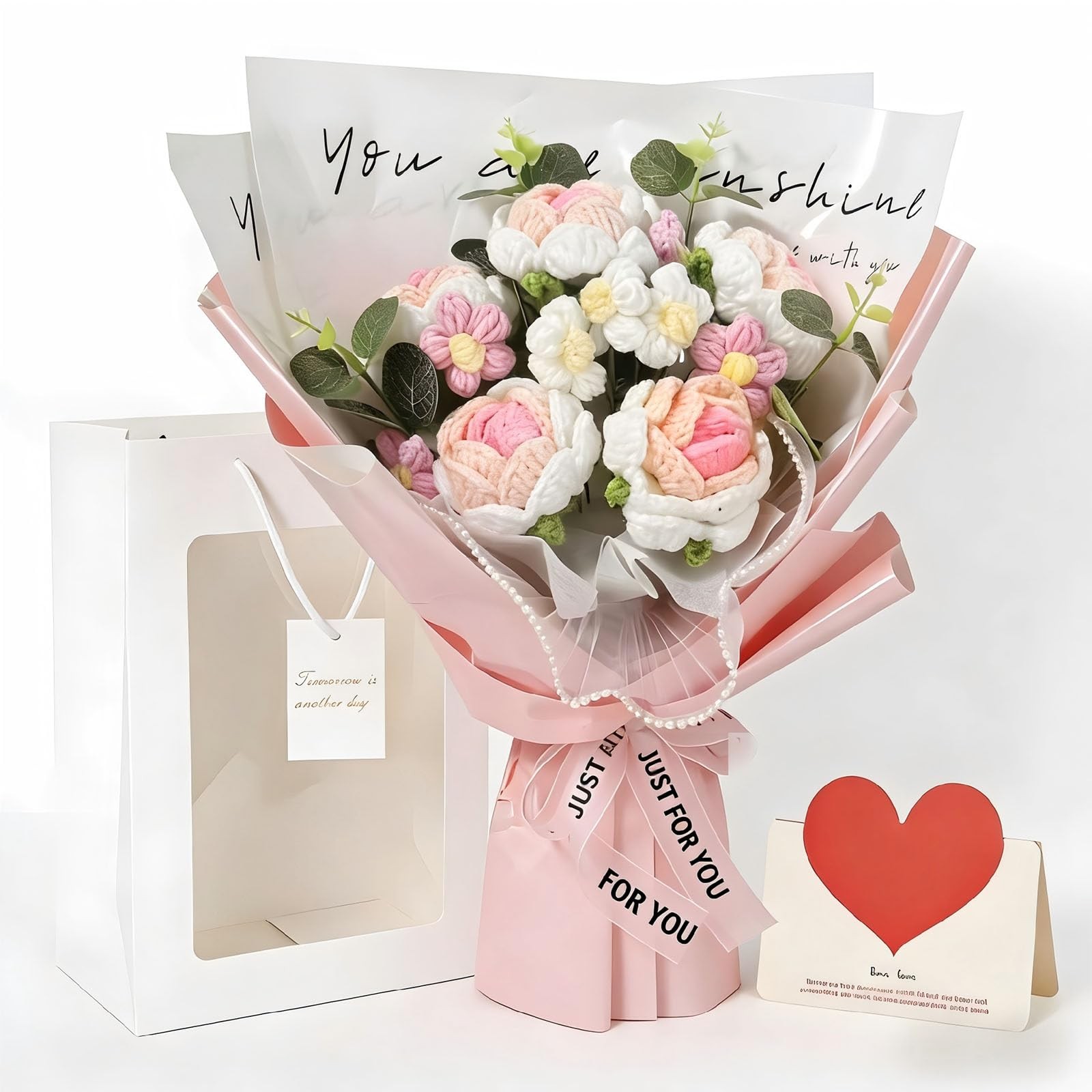 Pink Crochet Tulips Flower Bouquet Gift Lover Birthday Graduation Card Bag
