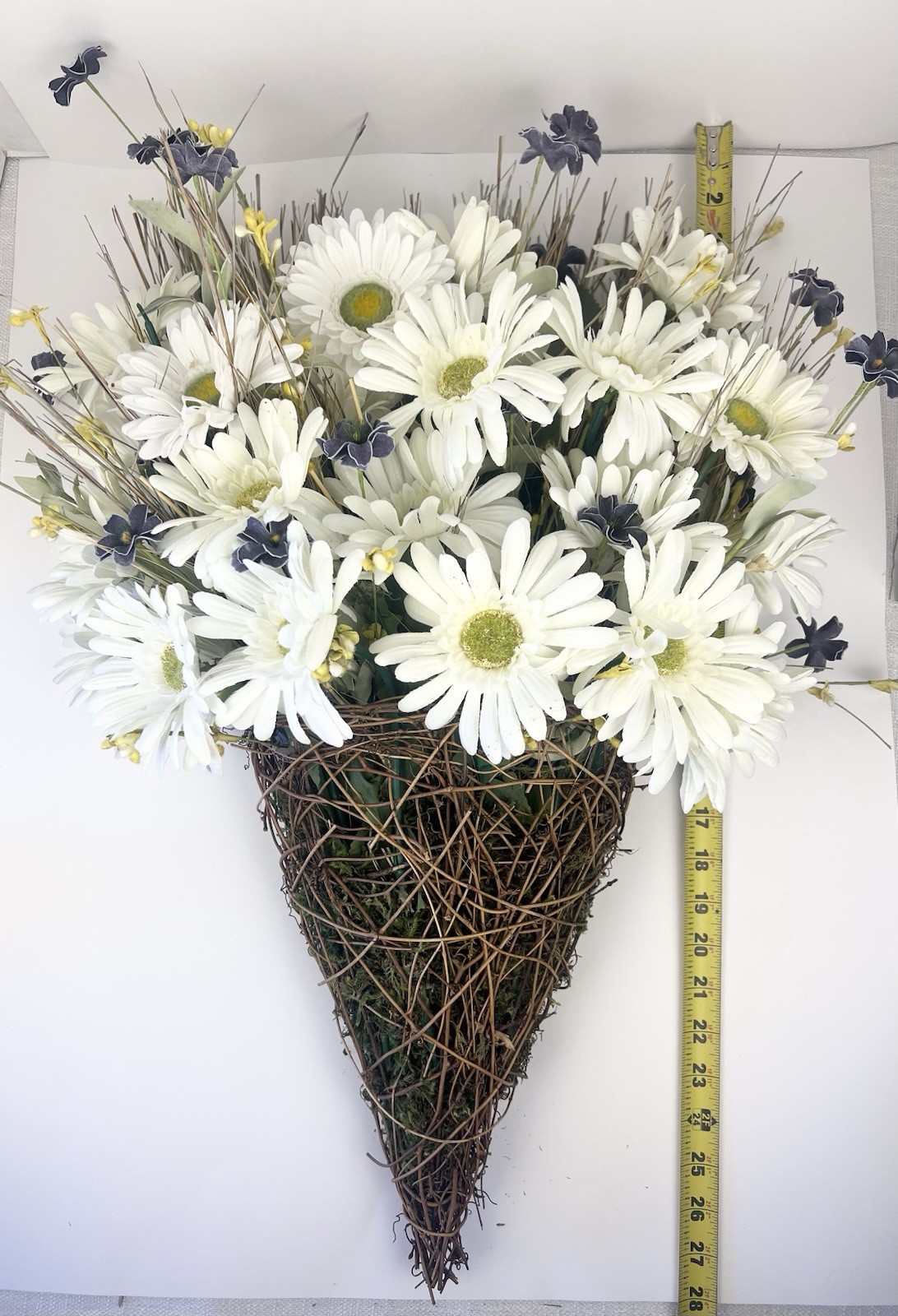 27” Daisy Wall Cone Arrangement-Rustic Twig Basket-Farmhouse Cottage Door Decor