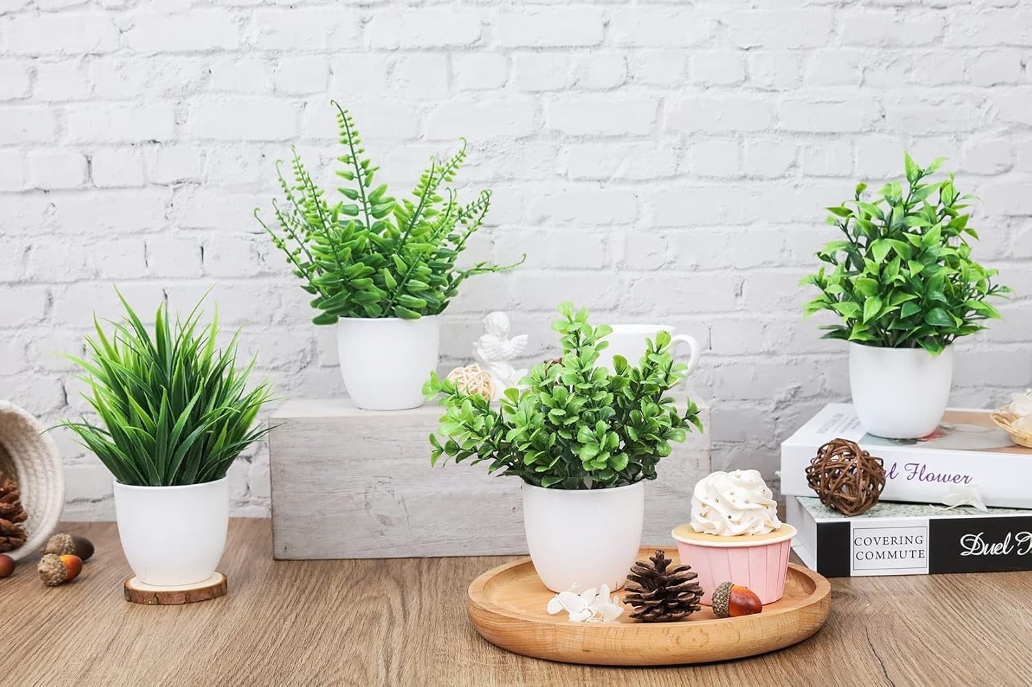 Set of 4 Artificial Plants in Elegant White Pots – No Maintenance Needed