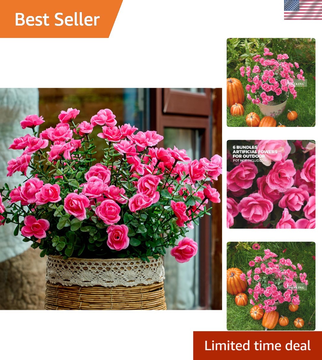 Charming 6 Bundles of UV Resistant Fuchsia Artificial Flowers for Outdoors