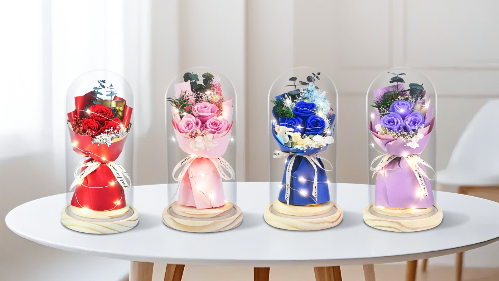 Preserved Rose Bouquet Glass Dome LED Real Flowers Gift for Her Mothers Day