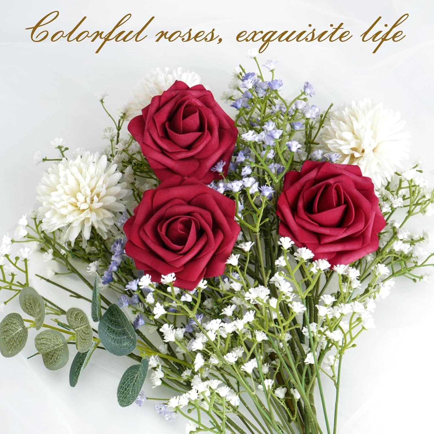 16Pcs Artificial Flowers Fake Roses with Stems, Burgundy Boxed Foam Roses for