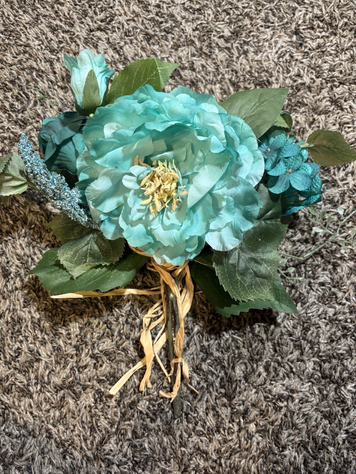 Teal Blue Artificial Flower Bouquet – Mixed Faux Blooms & Greenery, Rustic Wrap