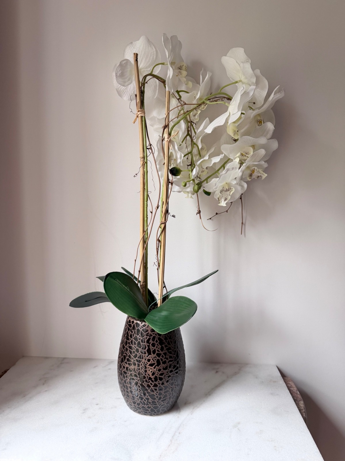 artificial white Phalaenopsis orchid arrangement in a brown textured vase 27”….