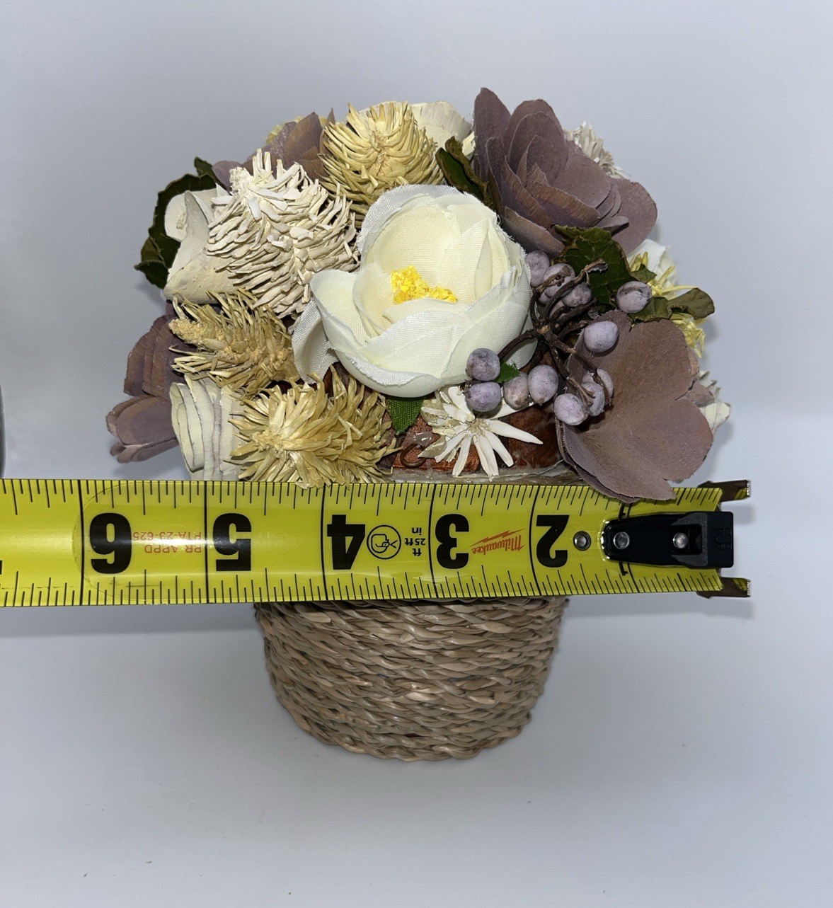 Sola Wood Rose Floral Arrangement Lavender Mauve Ivory Faux Flower Weave Basket