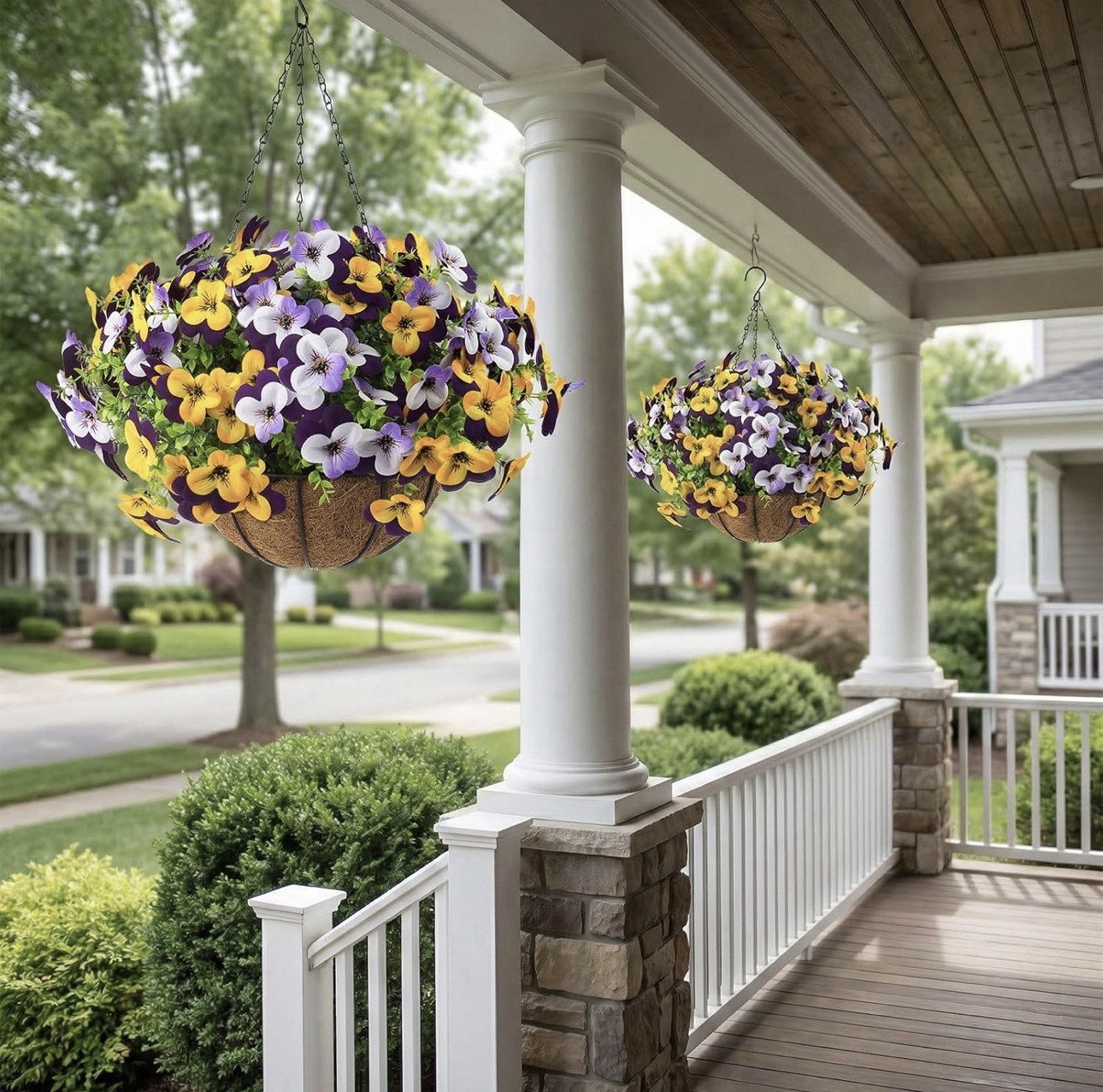 2 Set Artificial Outdoor Pansy Flowers with Hanging Baskets, 2 Hanging Baskets w