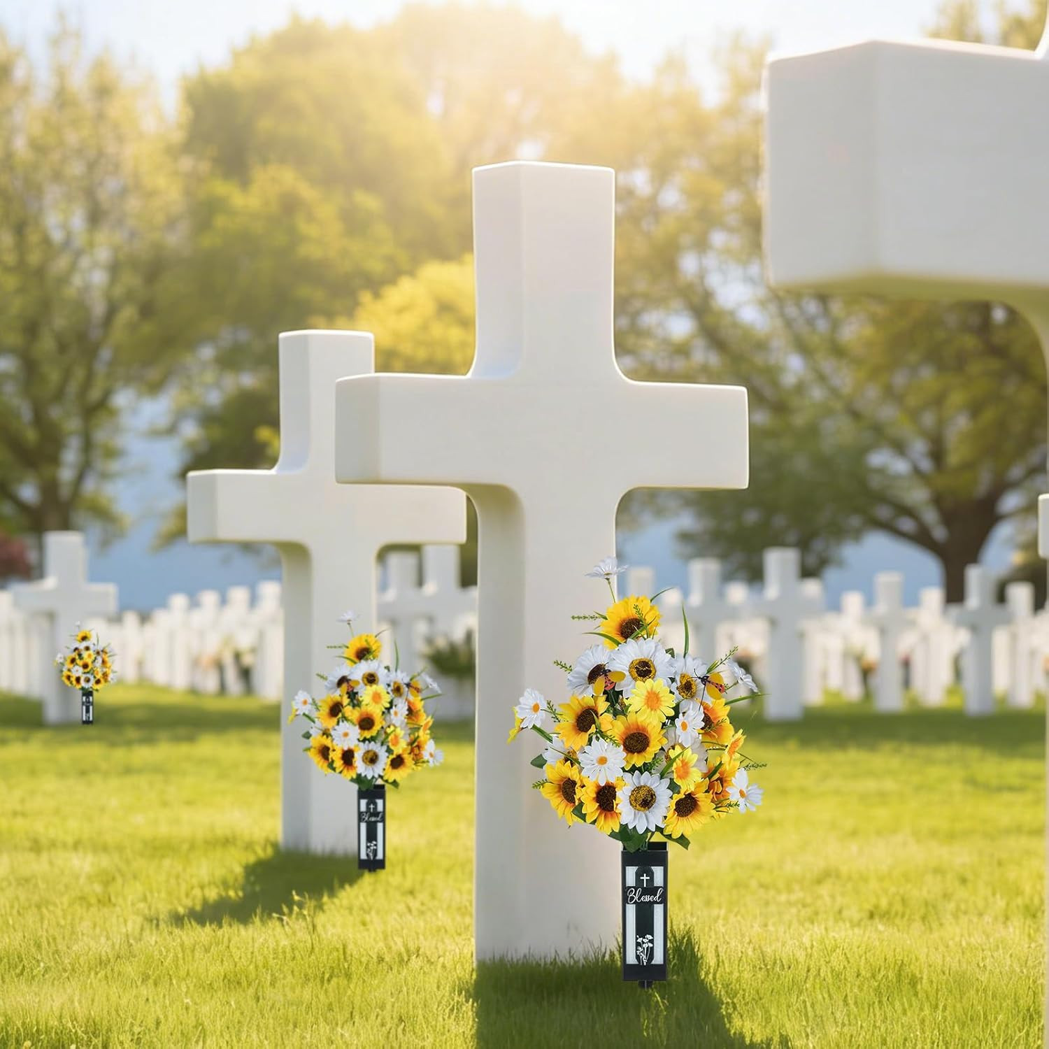 Artificial Cemetery Flowers for Grave: 2 Pcs Yellow White Sunflower Grave Flower