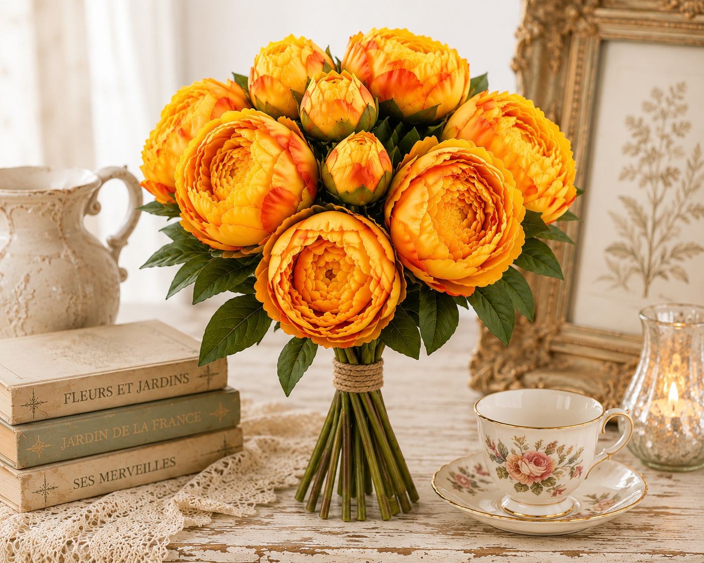 Golden Peony Bouquet Faux Flowers Autumn Decor Rustic Farmhouse Western Floral A