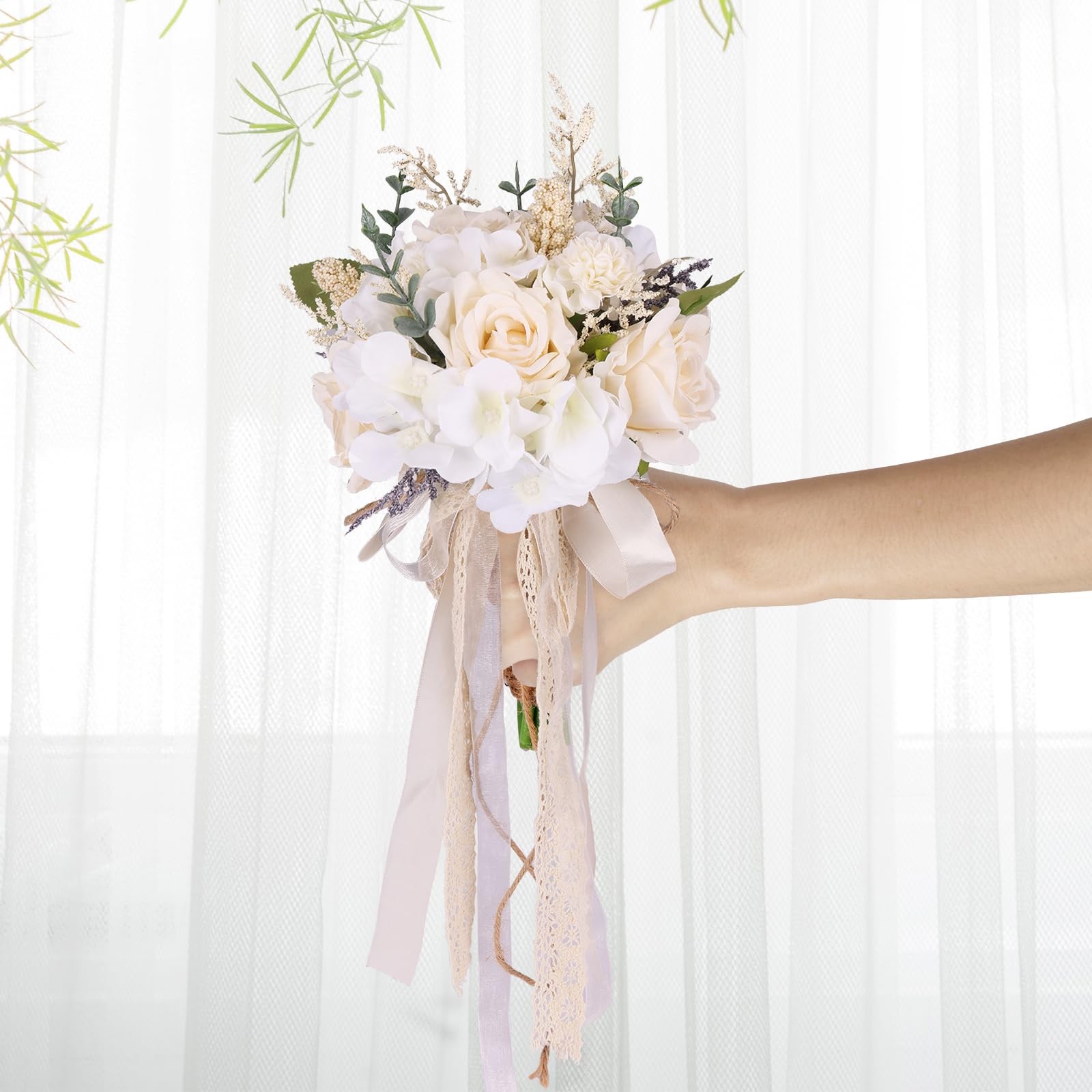Wedding Bouquets for Bride Bridesmaid, White Champagne Artificial Roses Flowe…