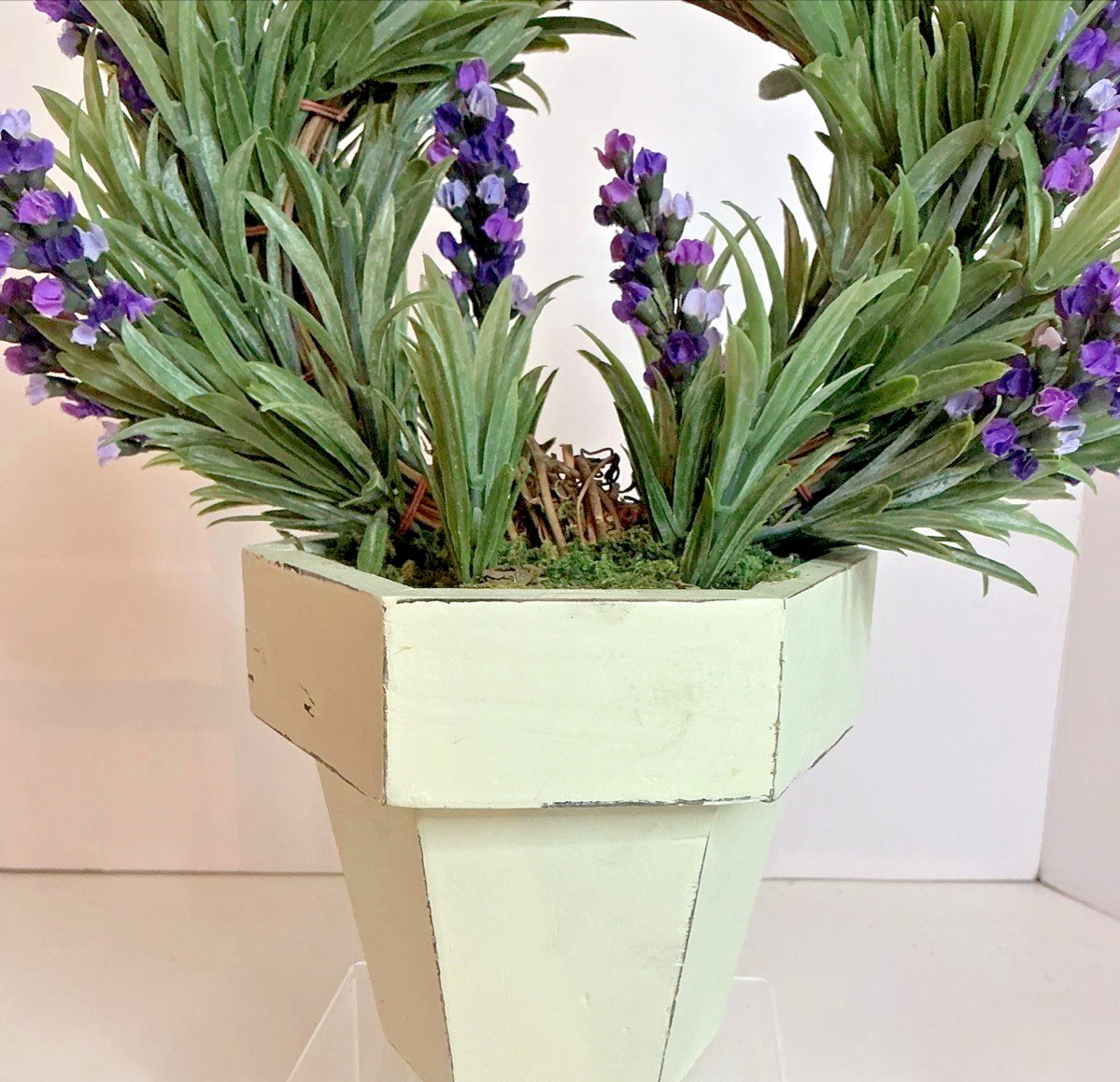 Artificial Lavender Topiary Plant 11×10 In White Wooden Pot Farmhouse Decor