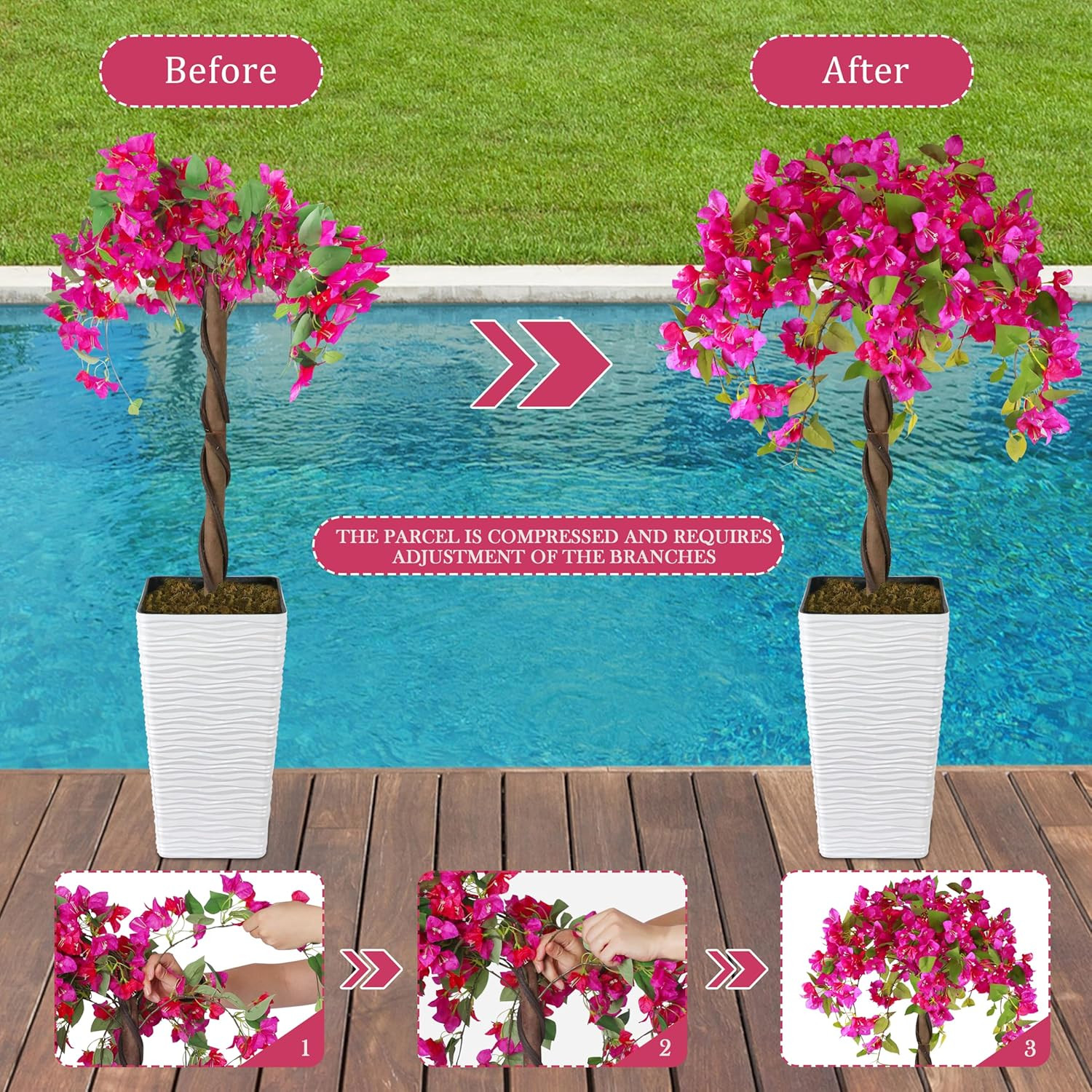 Artificial Bougainvillea Tree 4FT, Fake Silk Floral Tree with White Planter, Dec