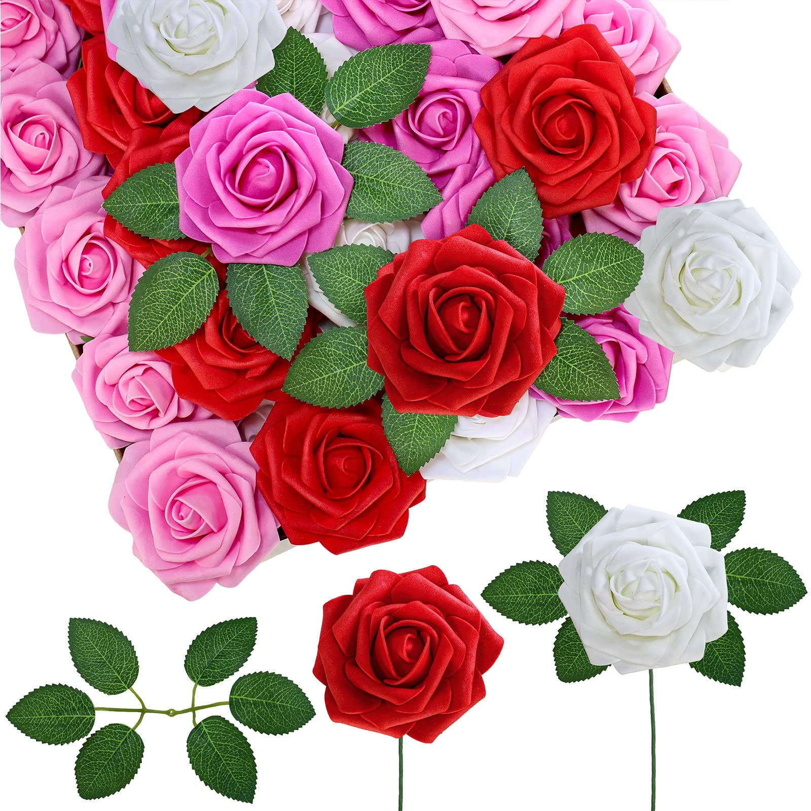 50 Pcs Real Looking Artificial Rose Flowers with Stems & Silk Leaves Bulk- Re…