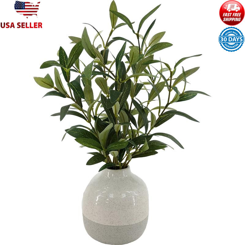 14in Indoor Artificial Olive Plant Compact Design Two-Tone Ceramic Vase New