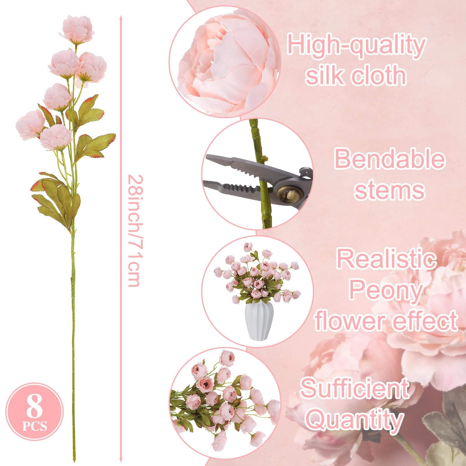 8 Pcs Faux Peony Flowers with Stems, Champagne Pink Artificial Silk Peonies, …