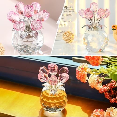 Crystal Rose Bouquet Flower Figurine – Pink Rose Gifts for Women, Collectible…