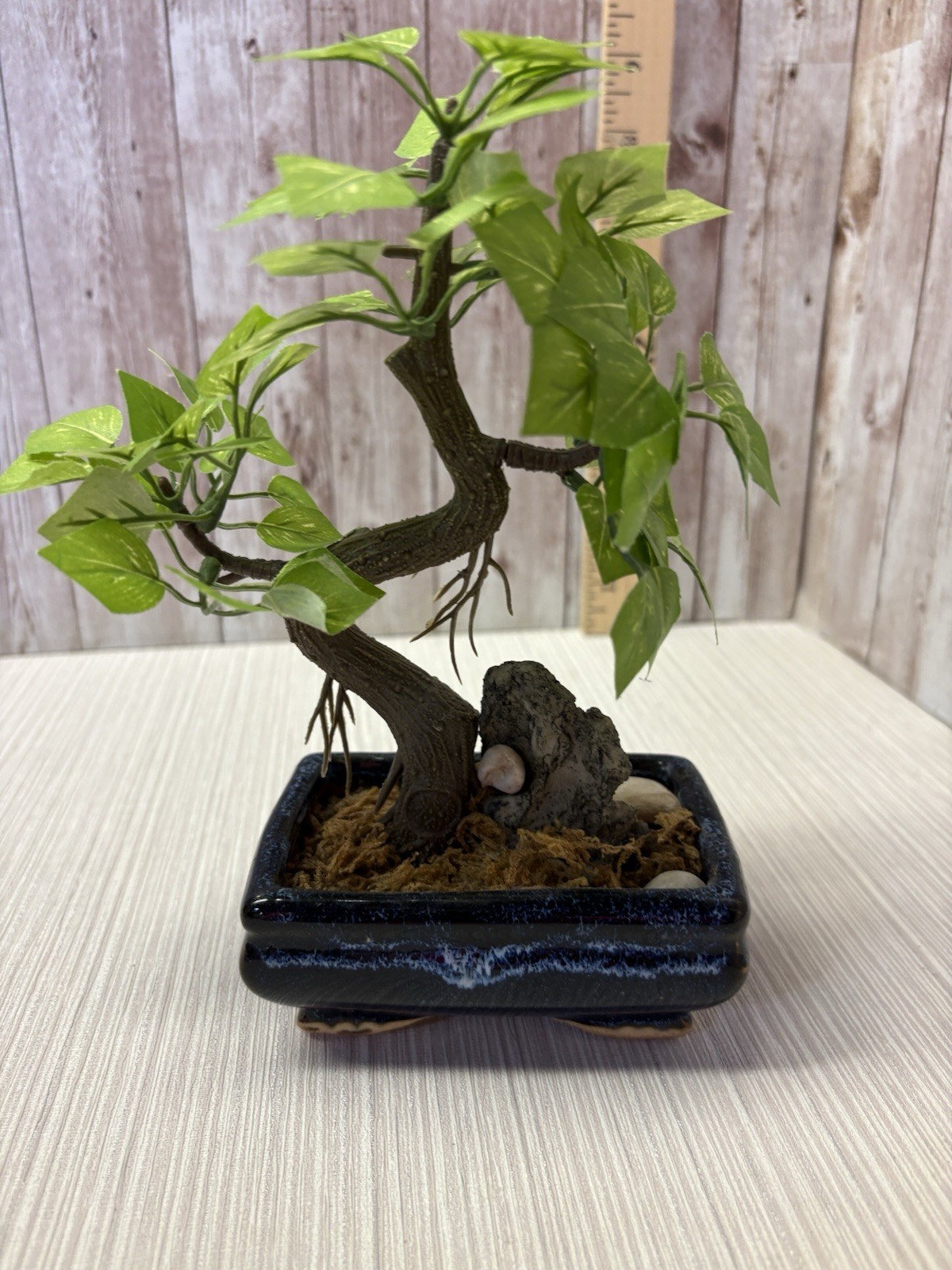 Artificial Bonsai Tree 8” Faux Plant In Vintage Blue 4×3 Pot FREE SHIPPING