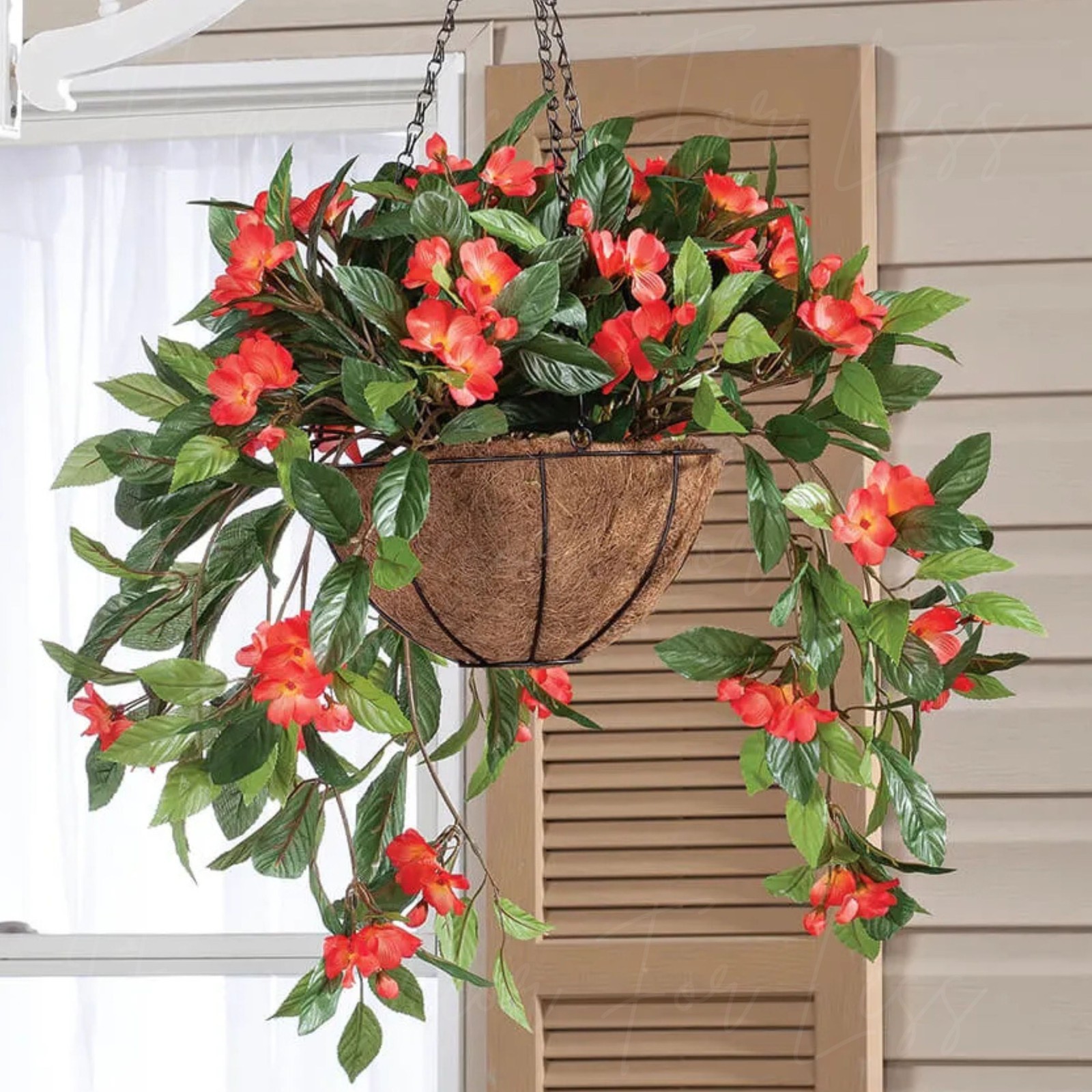 Large Artificial Orange Impatiens Hanging Basket Indoor Outdoor Patio Yard Decor
