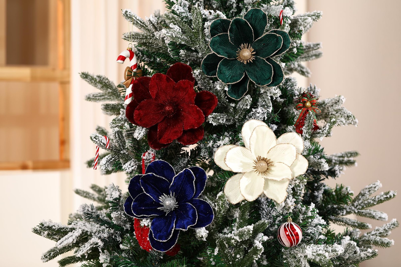 6 PCS Blackish Green 10 In Glitter Artificial Magnolia Christmas Flower Set