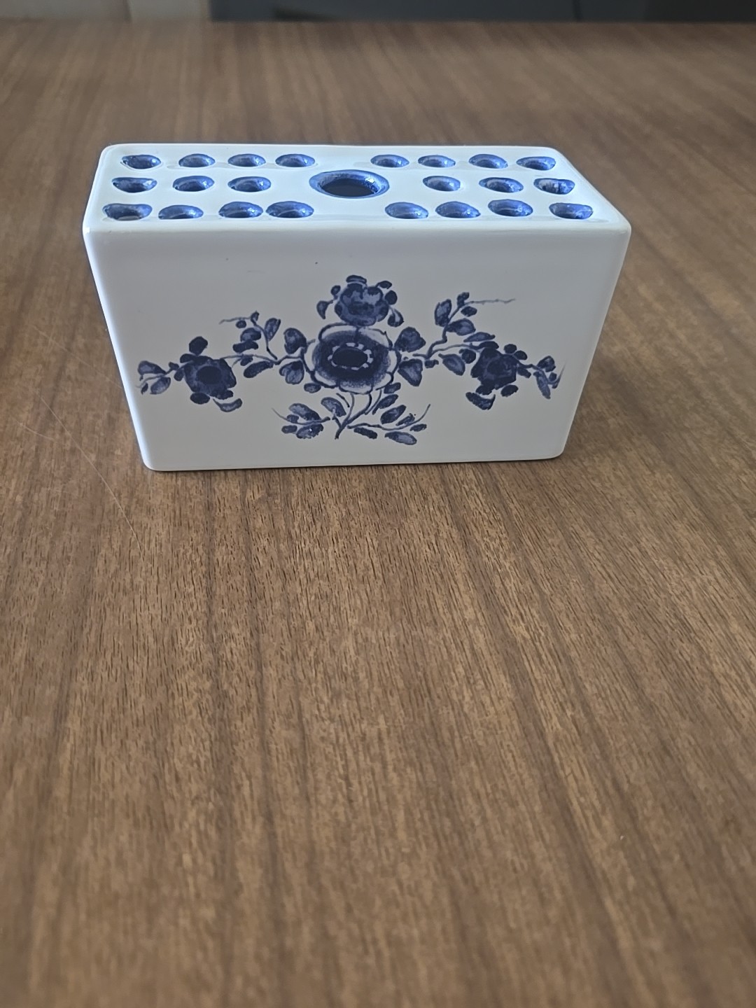 Hand Painted Ceramic Blue and White Flower Frog Vase, 1992 Made in Portugal