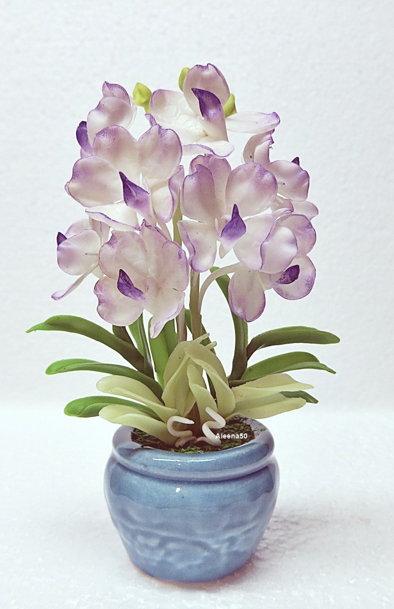 US Stock 4″H Handmade Air-Dry-Clay Artificial Mini Dendrobium Orchid Arranged