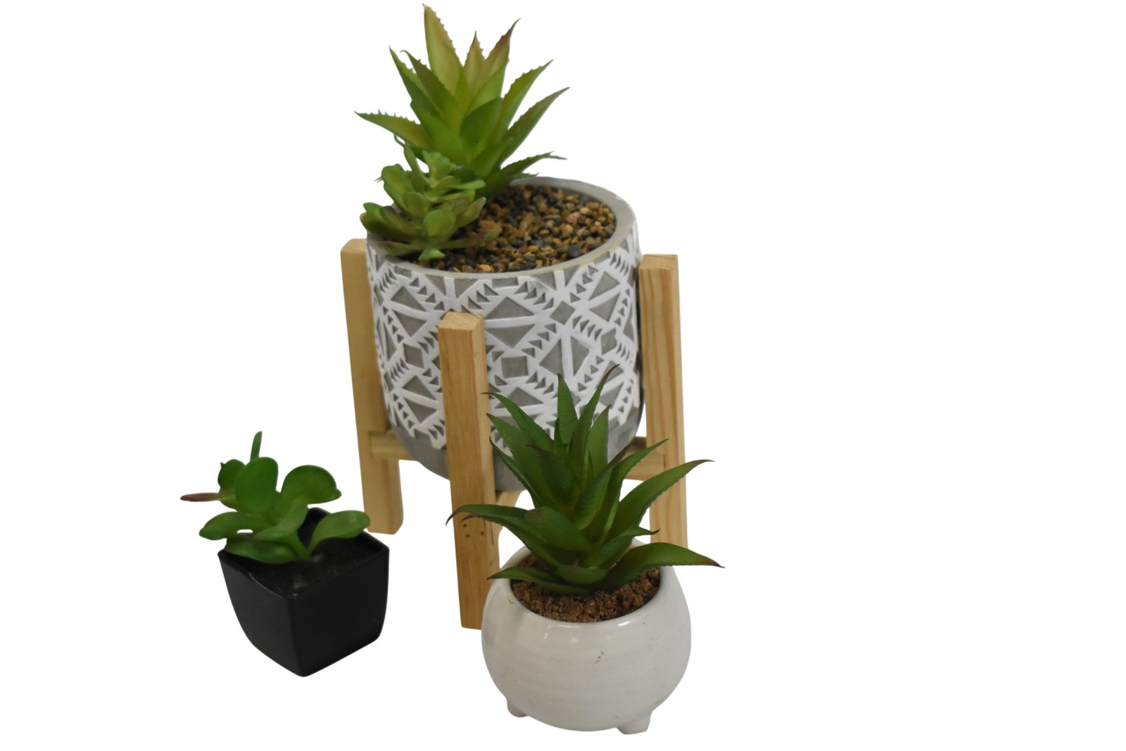 Set Of 3 Artificial Succulent Plants 8in Green Potted Ceramic Wood Centerpiece