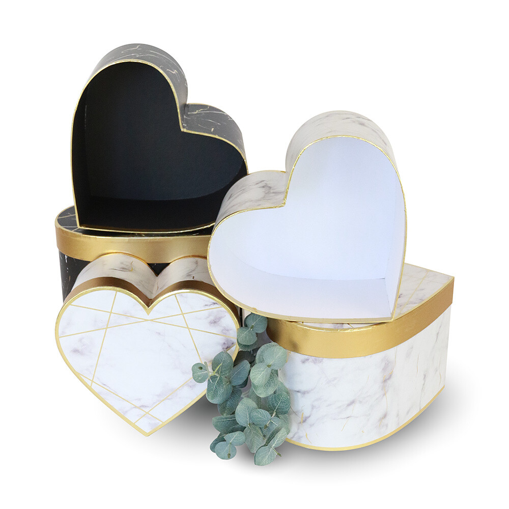 Premium Quality Heart Shape Mable Flower Box Floral Gift Box Set of 3, with Lids