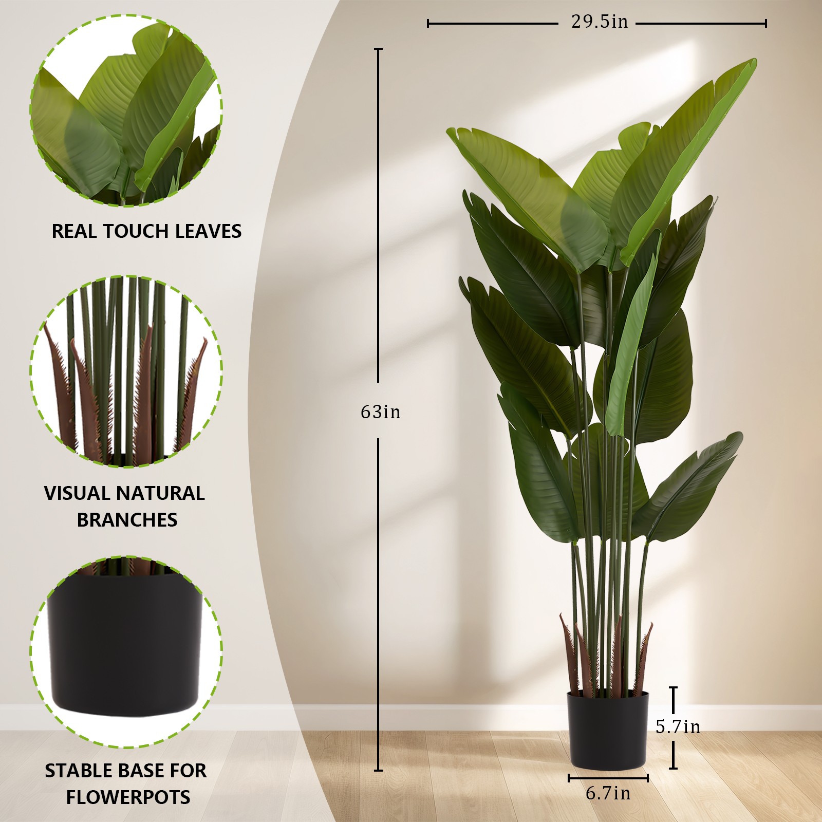 Artificial Bird of Paradise Plant, 5.2ft Faux Tropical Palm Tree in Pot