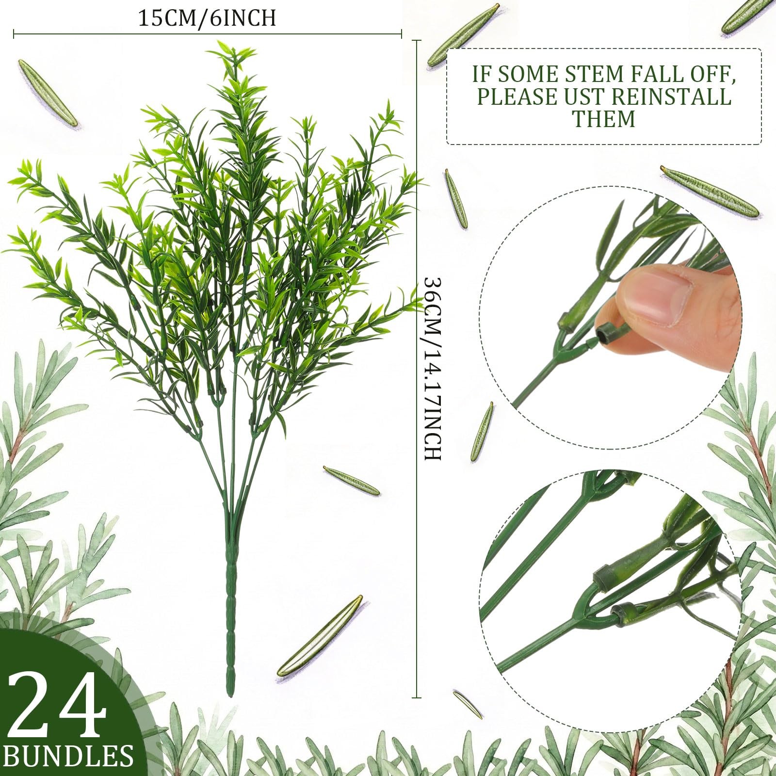 24 Bundles Artificial Rosemary Plants, UV Resistant No Fade Faux Green Grass …