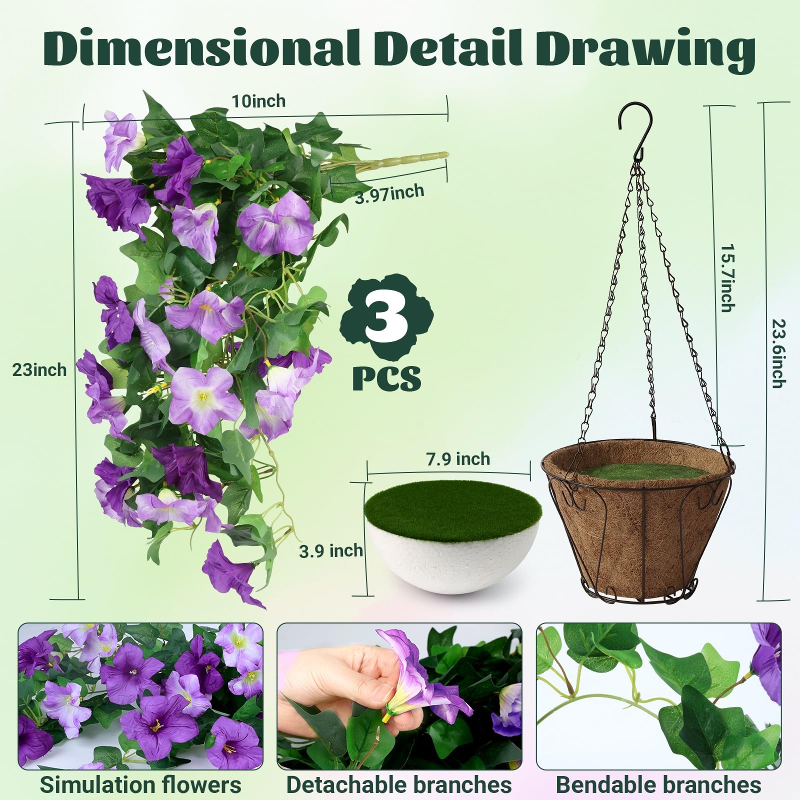 3PCS Hanging Artificial Flowers with Basket, Morning Glory Patio Decorations …