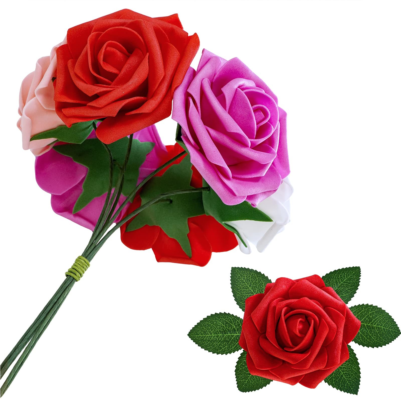 50 Pcs Real Looking Artificial Rose Flowers with Stems & Silk Leaves Bulk- Re…