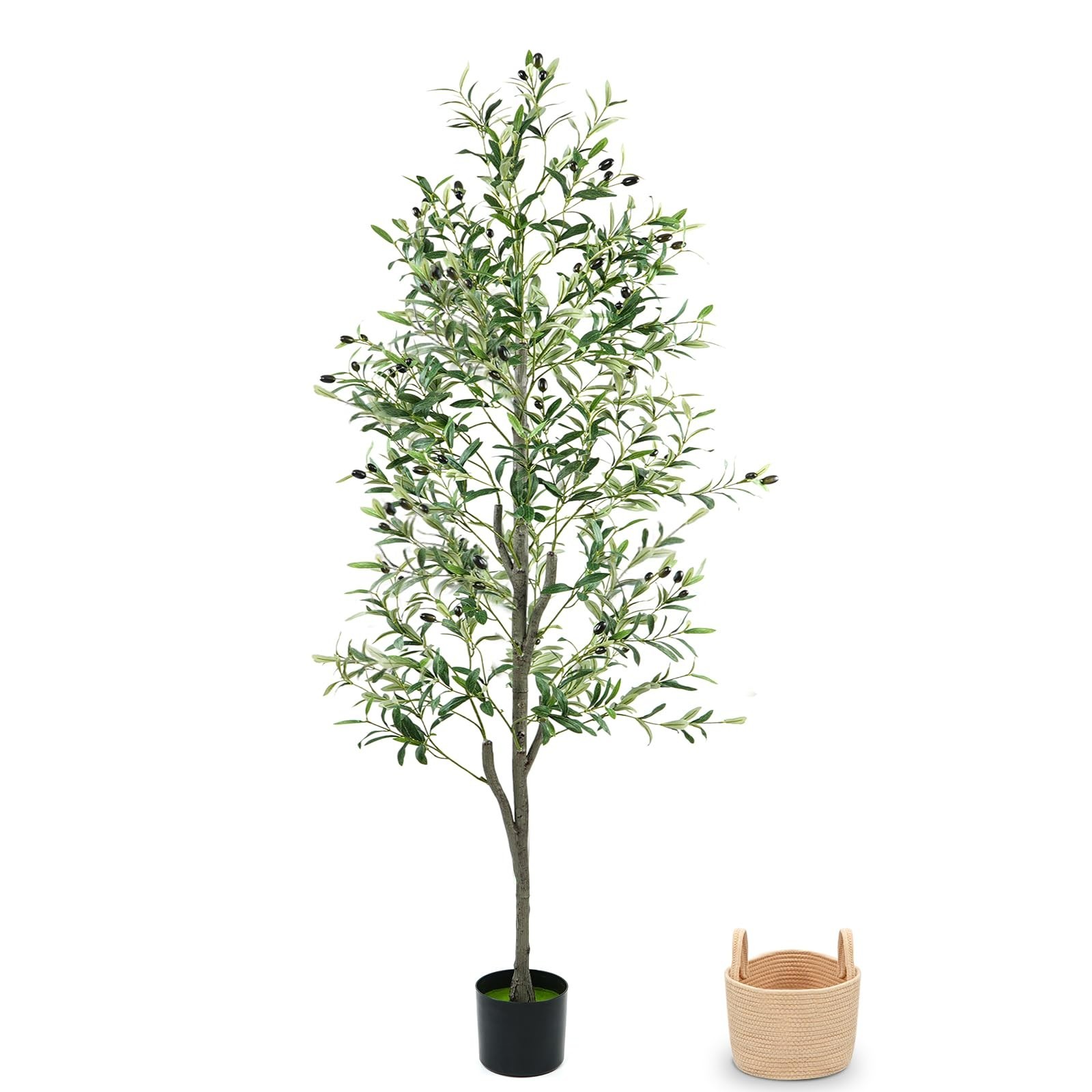 6FT Artificial Olive Tree – Realistic Faux Plant with Woven Basket & Wood Trunk,