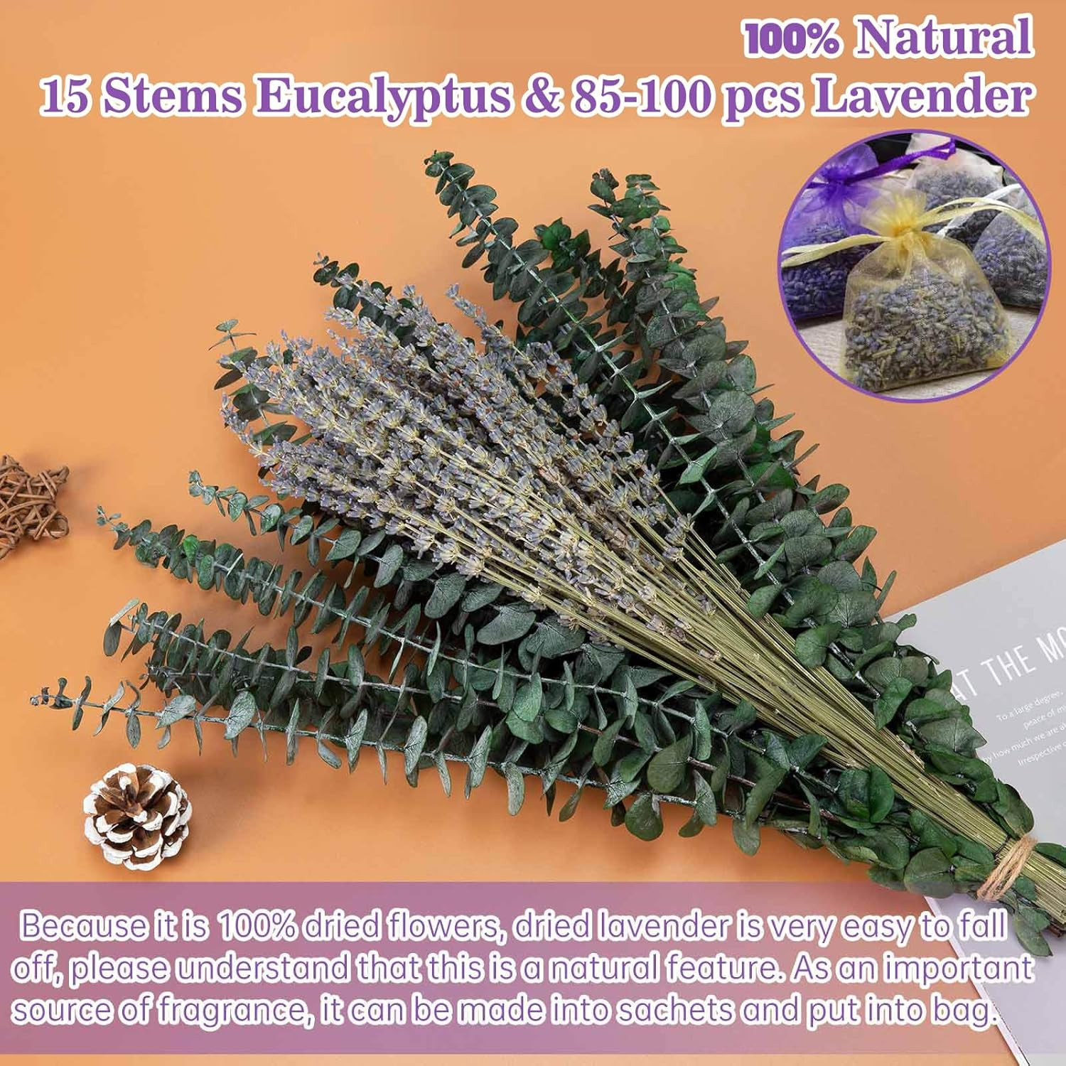 Mixed Dried Eucalyptus Stems with Lavender Flowers Bundle for Shower, 17” Natur