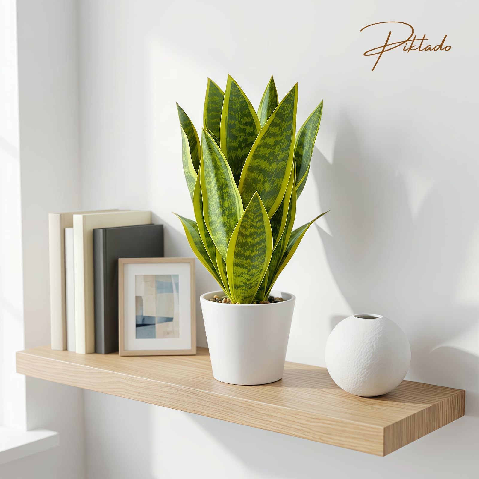 2 PCS 15.5 Inch Green Yellow Artificial Sansevieria Snake Plant White Pot
