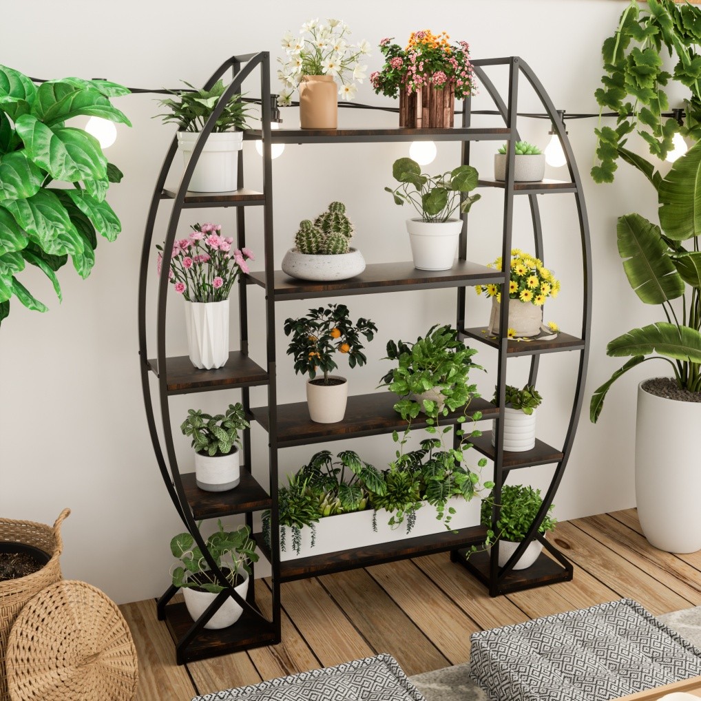 Heavy Duty Plant Stand with Grow Lightstall LED Half-moon Storage Display Shelf