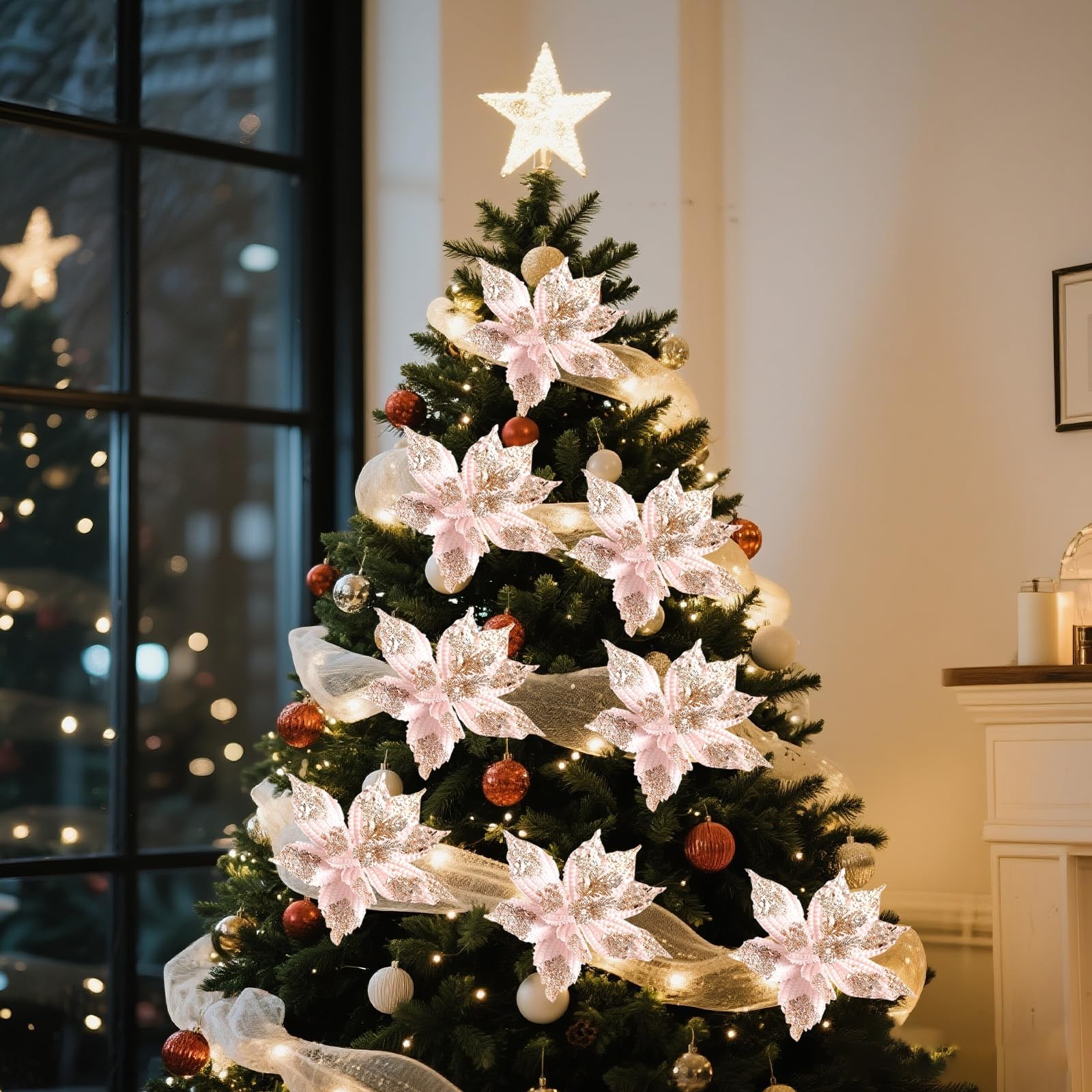 8 PCS Large Glitter Christmas Flowers Poinsettia Artificial 11 Inch Pink