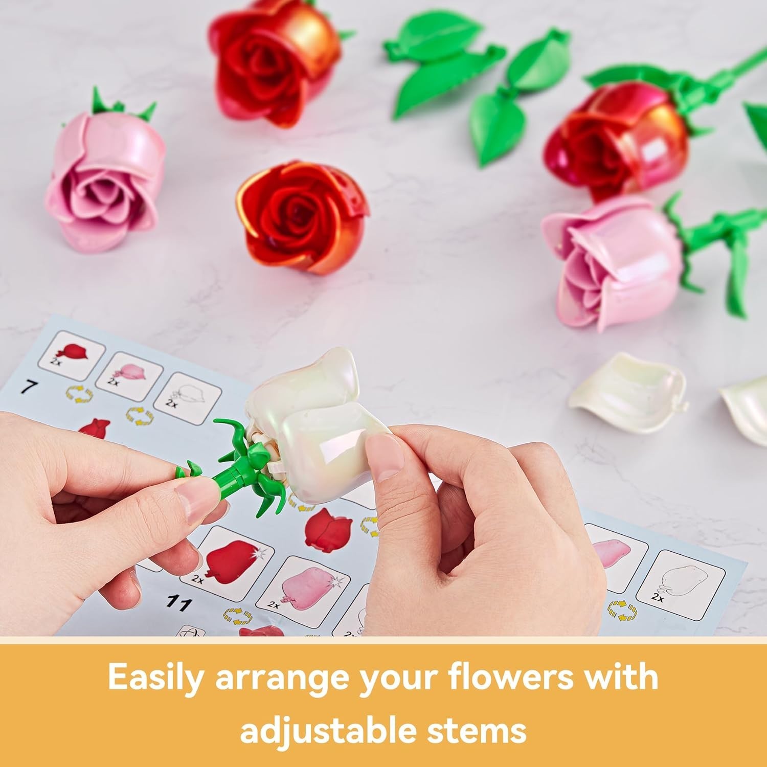 Versatile 174-Piece Rose Building Set with Adjustable Stems – Creativity Awaits!
