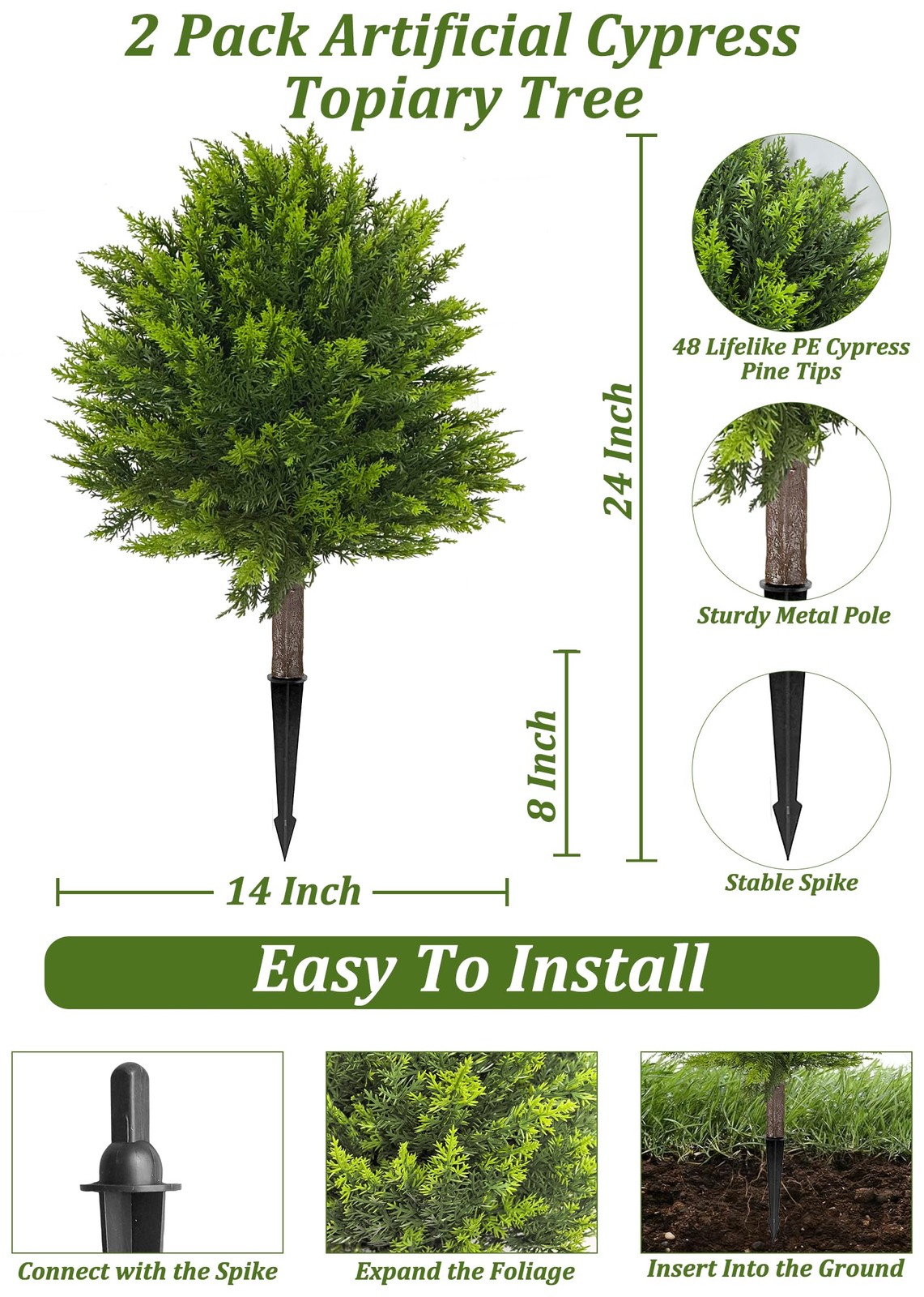 Artificial Cypress Topiary Ball Set of 2, 24” Faux Shrub Bushes with Ground S…