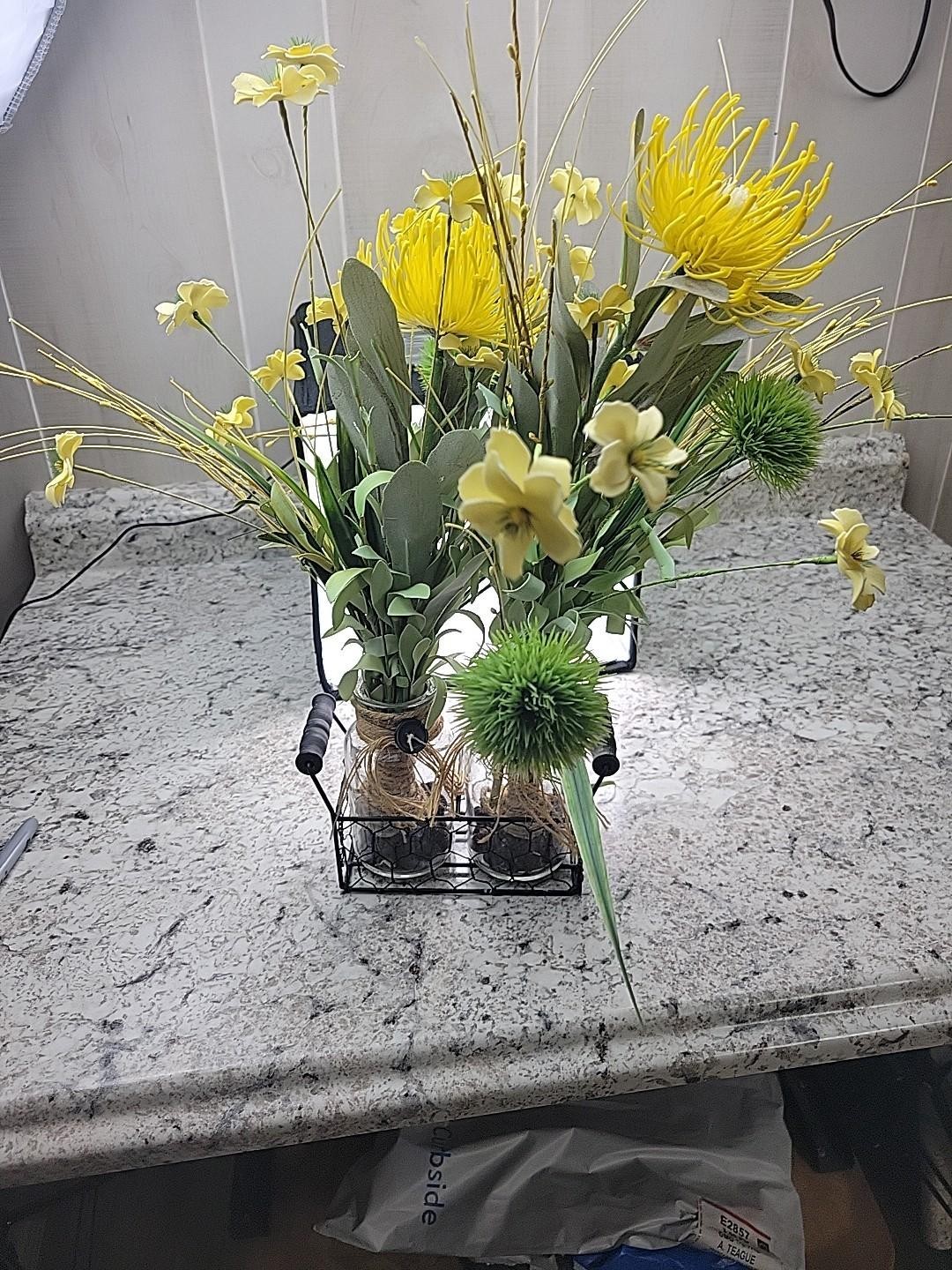 Farmhouse Yellow Artificial Flower Arrangement Glass Jars Metal Caddy Rustic…
