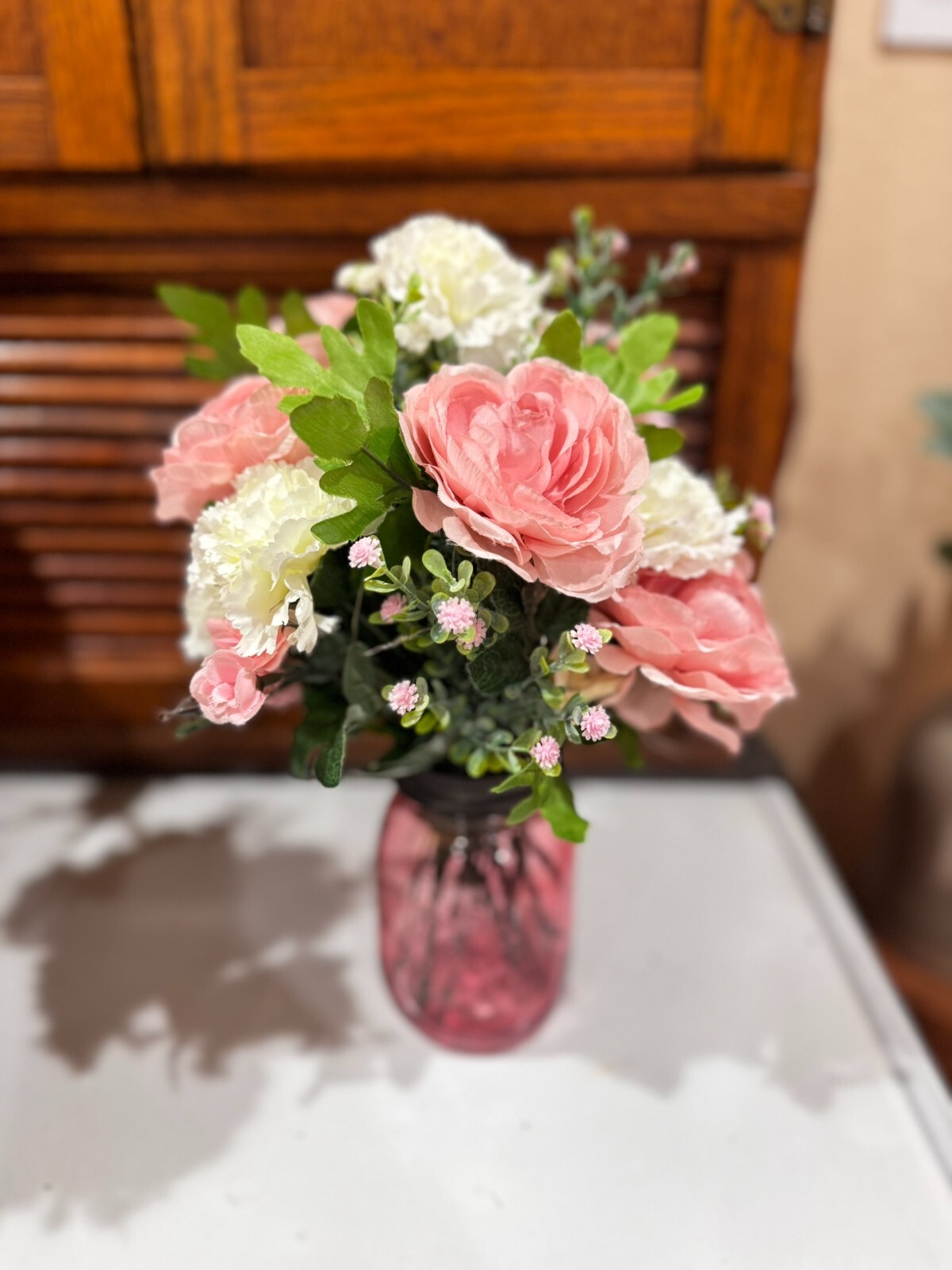 Pink Rose Carnation LED Lighted Flowers Country Farmhouse Mason Jar Mother’s Day