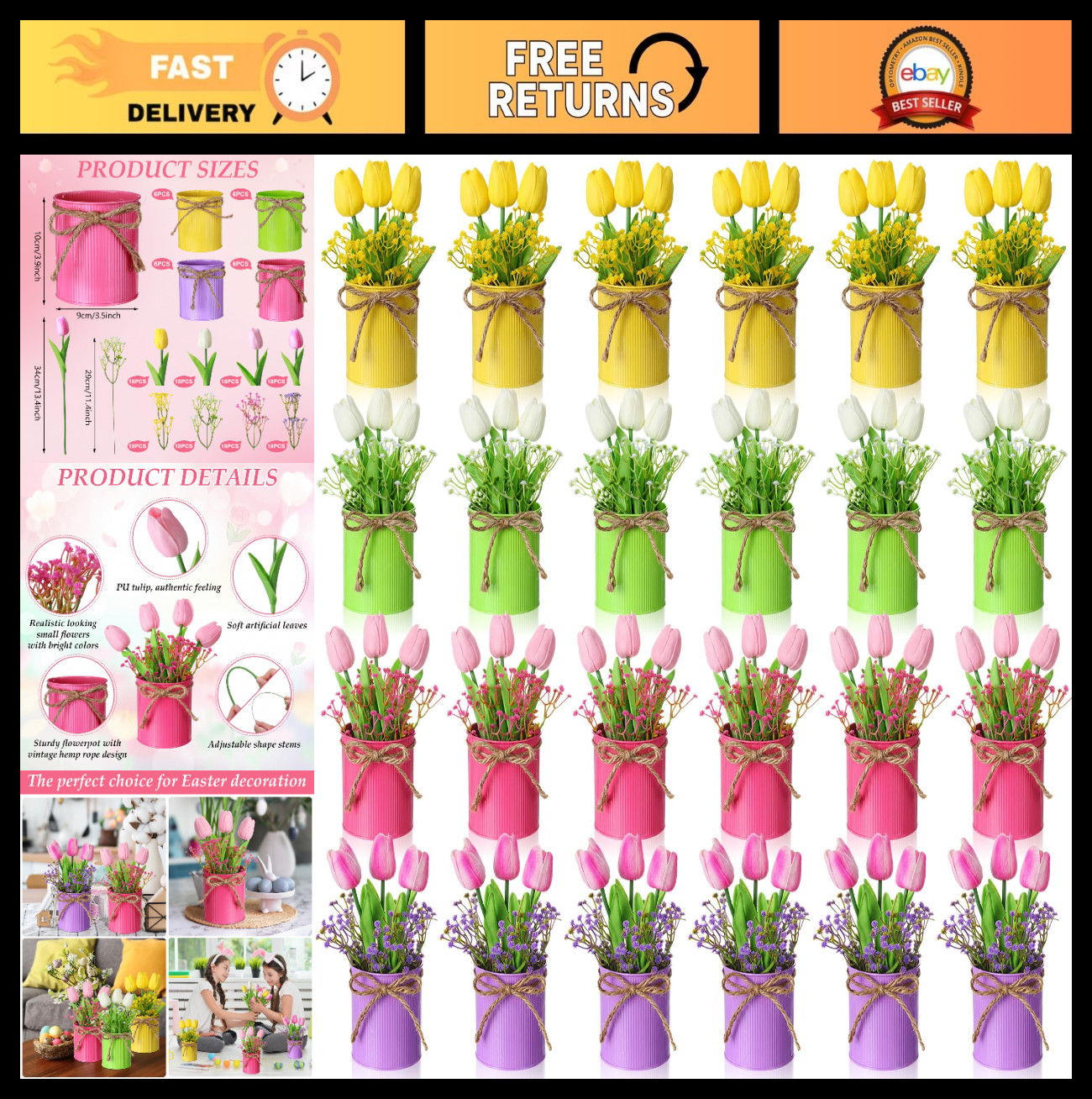 24 Set Spring Table Centerpieces – Faux Tulip & Baby’s Breath Floral Decor for H