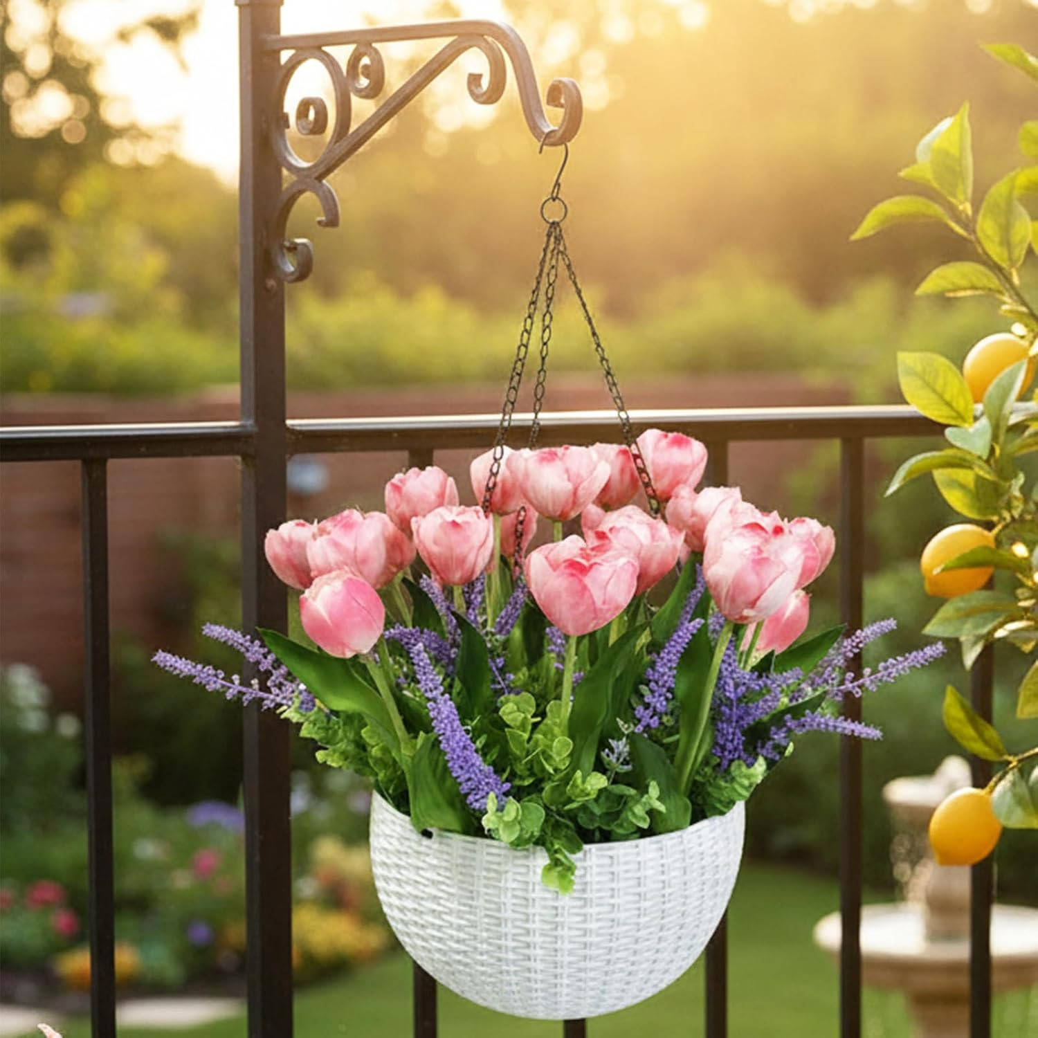 Artificial Tulips Flowers Hanging Basket for Indoor Outdoor, Realistic Pink Fake