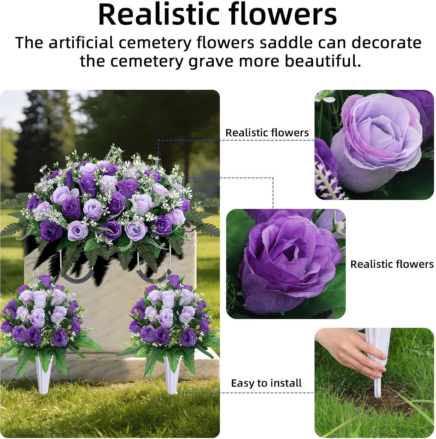 3 Sets Cemetery Flowers for Grave,Headstone Flower Saddle,Grave Memorial ….