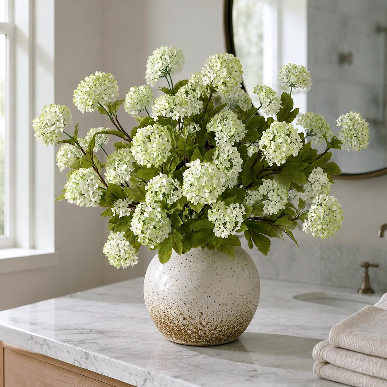 28″ Faux Hydrangea Flowers – 6 Pcs White-Green Silk Stems for Home Decor