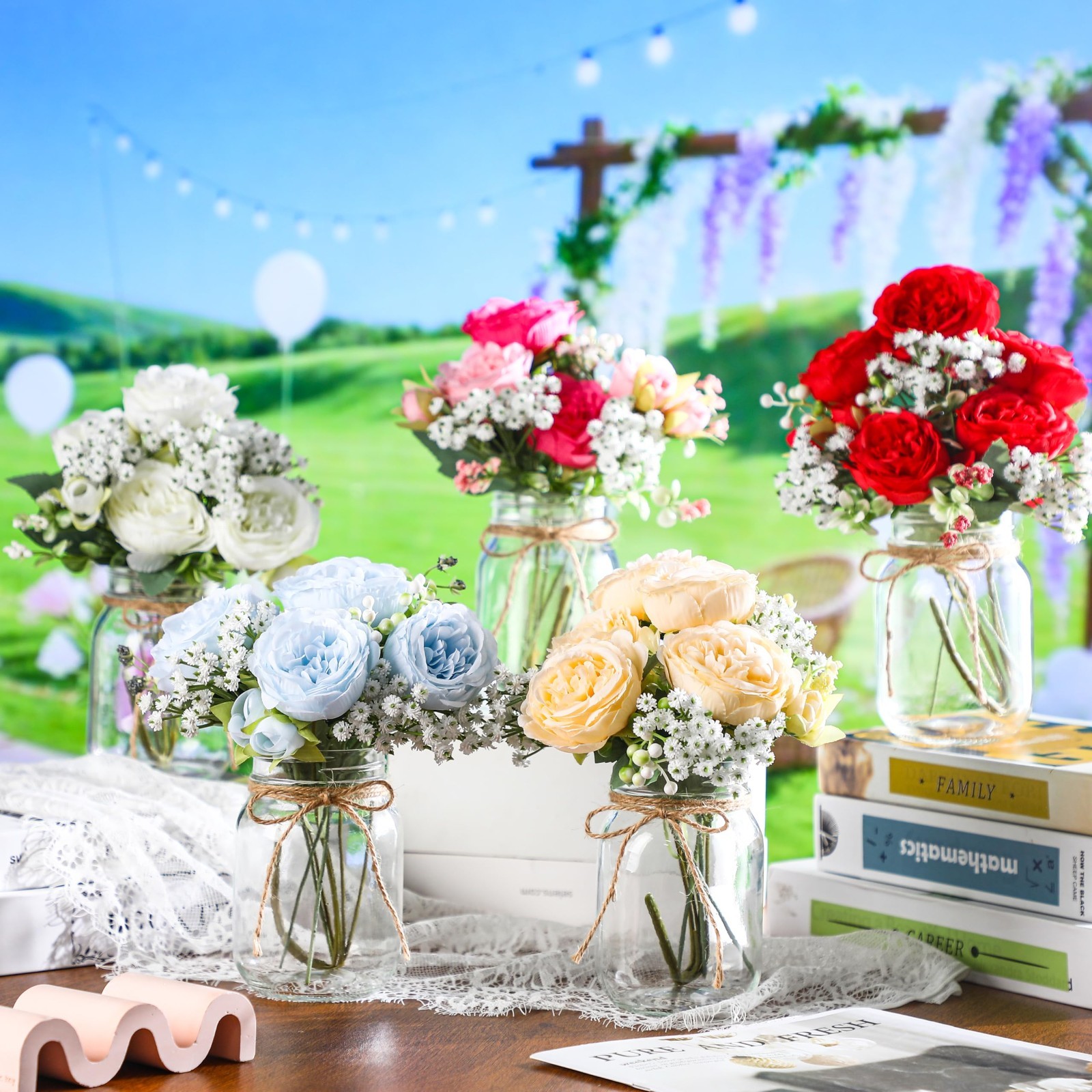 12 Sets Rustic Mason Jar Centerpieces, Faux Peony & Baby’s Breath Bouquets, Wedd