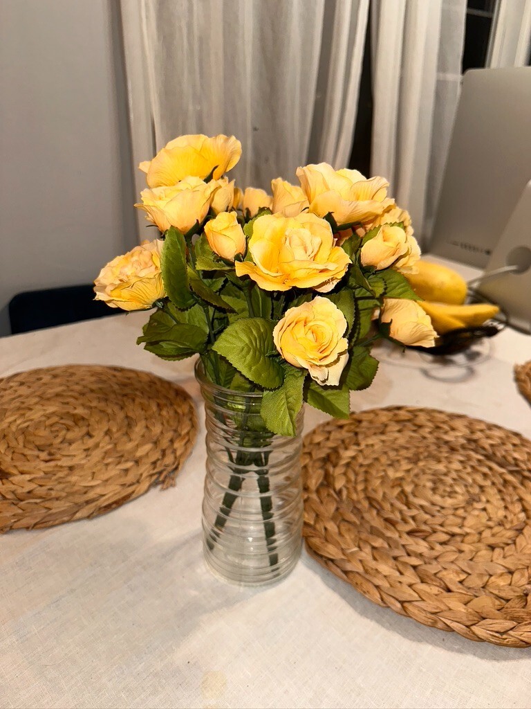 2 set 14″ Tall 14 Stems Yellow Roses Artificial Flowers Blossom Silk glass vase