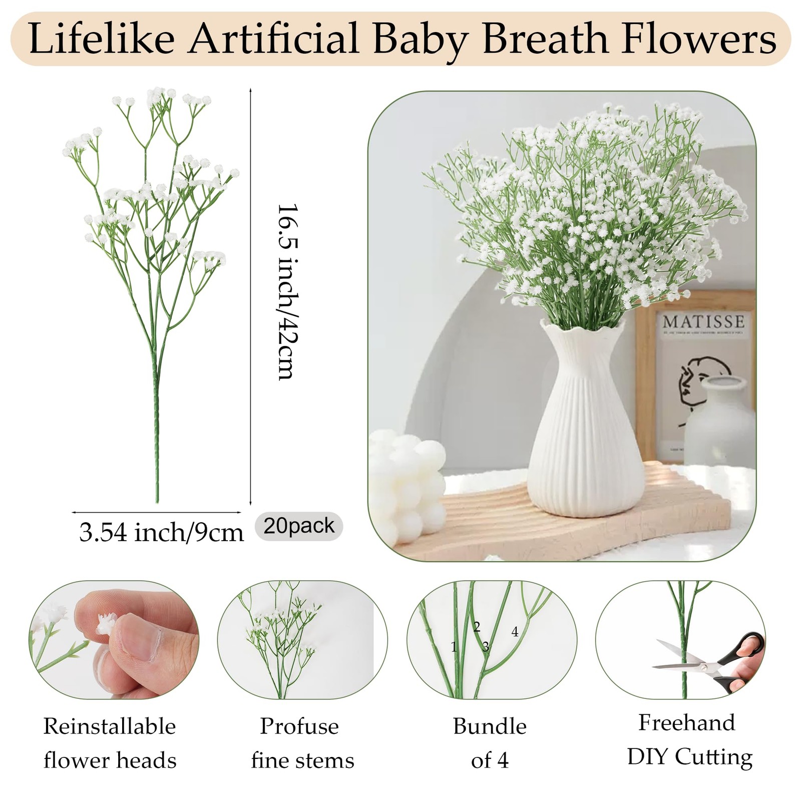 20Pcs Babys Breath Artificial Flowers Bulk, 12Pcs Fake Red Roses, DIY Wedding…